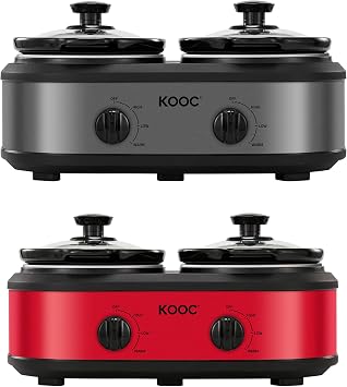 KOOC طباخ بطيء صغير مزدوج 2 نقطة إجمالي 2.5 كوارت رمادي وأحمر