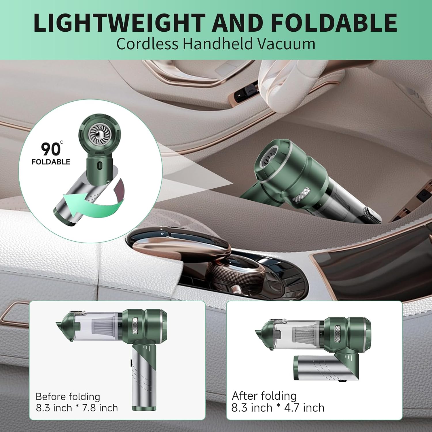 Car Vacuum Portable Cordless 22000PA High Power Handheld Mini Vacuum Cleaner Rechargeable Foldable with Brushless Motor Air Blower Duster Pump for Car Home Office Pet (Green) - Image 5