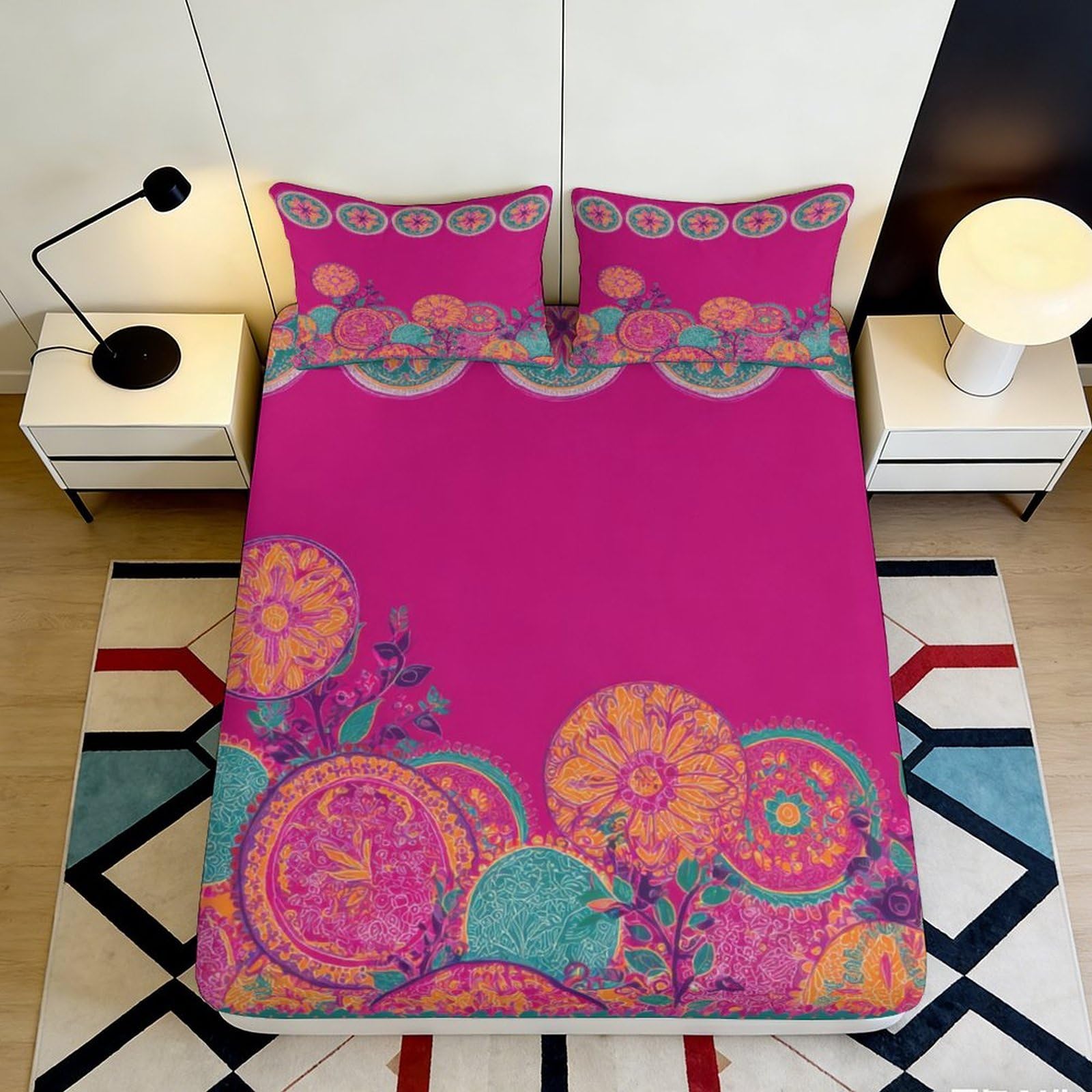 Jqzkxnhpbr Style-9 3D Printed Boho Mandala Fitted Sheet Microfiber Pink Floral Bed Cover For Bedroom Guest Room Dorm Decor Mattress Protection 90X200x25cm