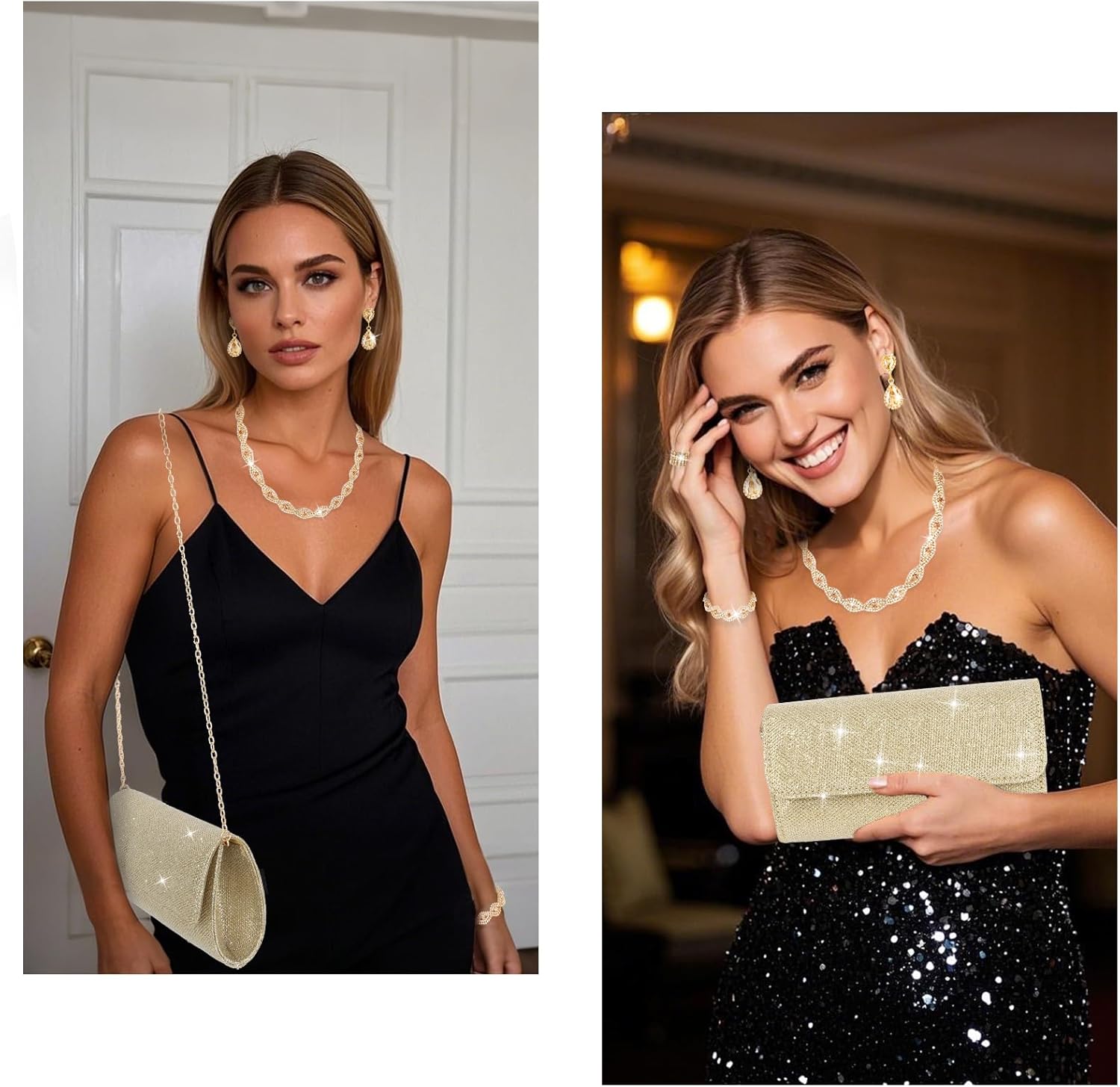 Wecoe 5pcs/set Jewelry Purse Set For Women Handbags Clutch Rhinestone Diamond Necklaces Bracelets Earrings Ring Set Wedding Bridal Prom Homecoming Costume Jewelry Formal Evening Bag Accessories - Image 3