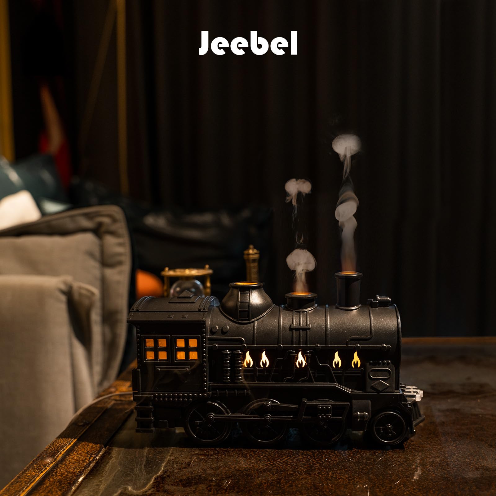 Jeebel Difusor Aroma para Aceite Esencial - 300 ml Difusor con Estilo de Tren, Efecto Llama, Mando a Distancia, Enchufe UE - Mini Humidificador de Vapor Frío para Aromaterapia en Dormitorio Oficina