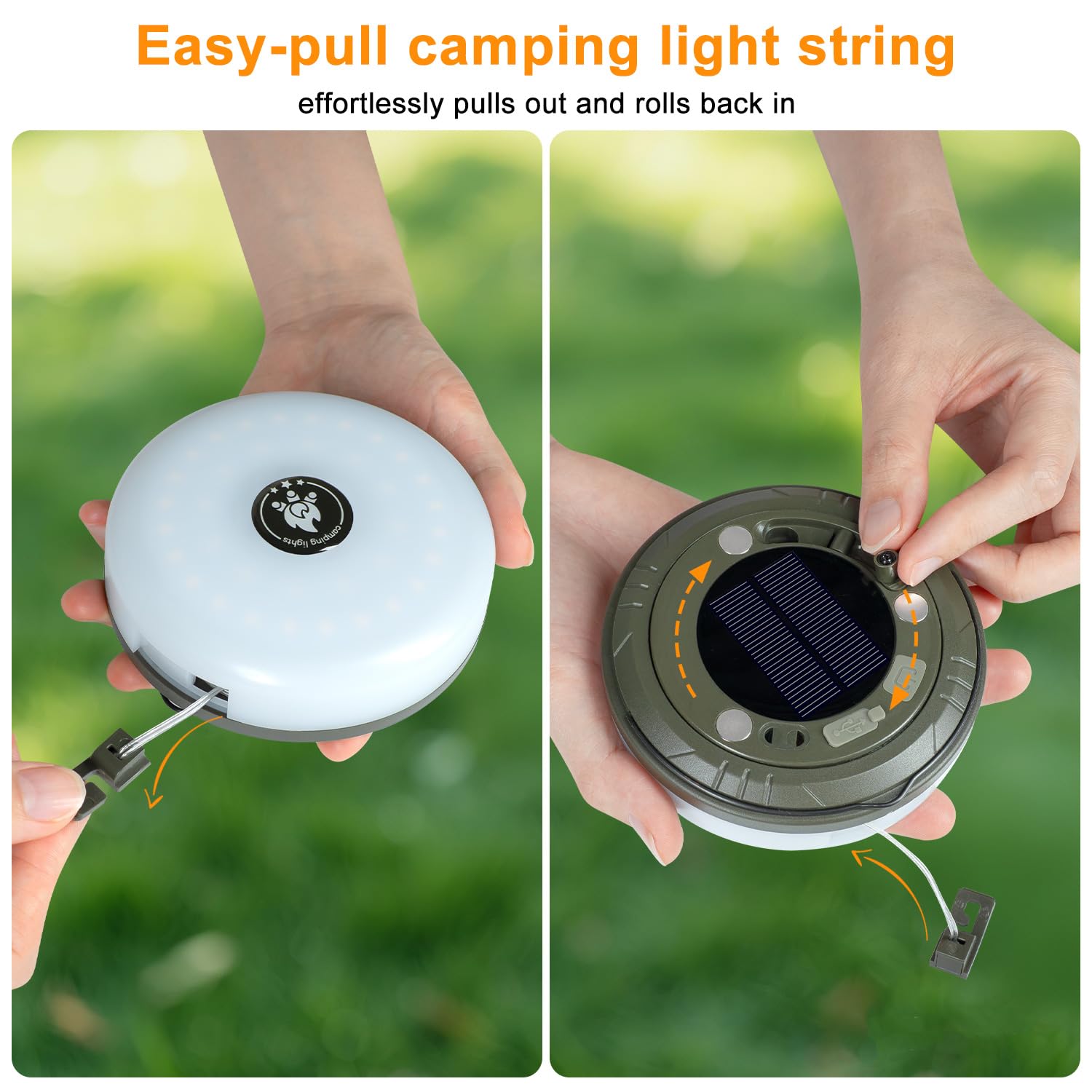 Ellasay Guirlande lumineuse solaire 2 en 1 pour camping 5 modes IP65 étanche – Batterie 1200 mAh USB/charge solaire pour tentes d'extérieur, camping-car, randonnée, décoration de fête de jardin – 9 m