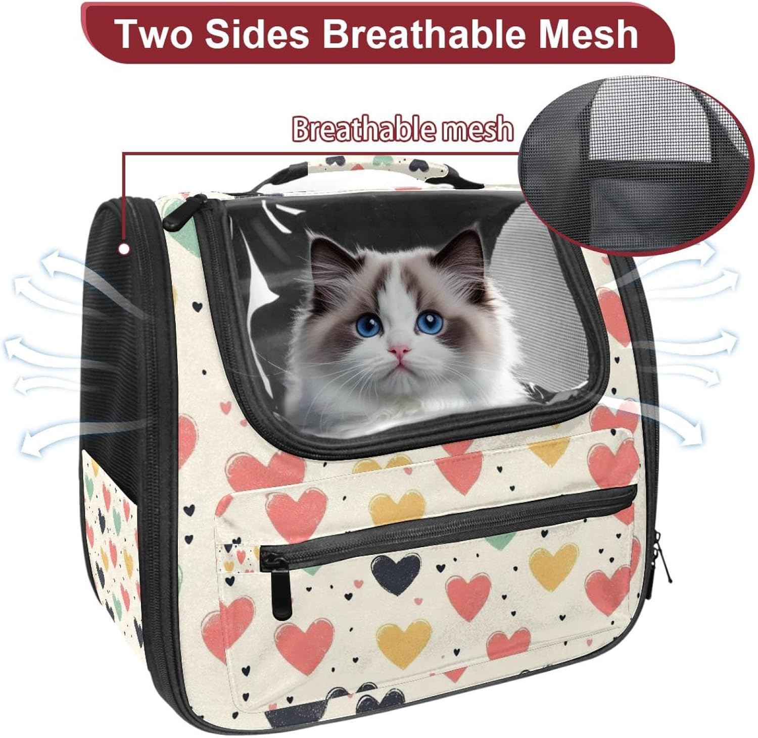Portable Travel pet Backpack Carrier Hamster Bag Small Dog cat Carrier Breathable Hang Bag, Little Hearts (1)