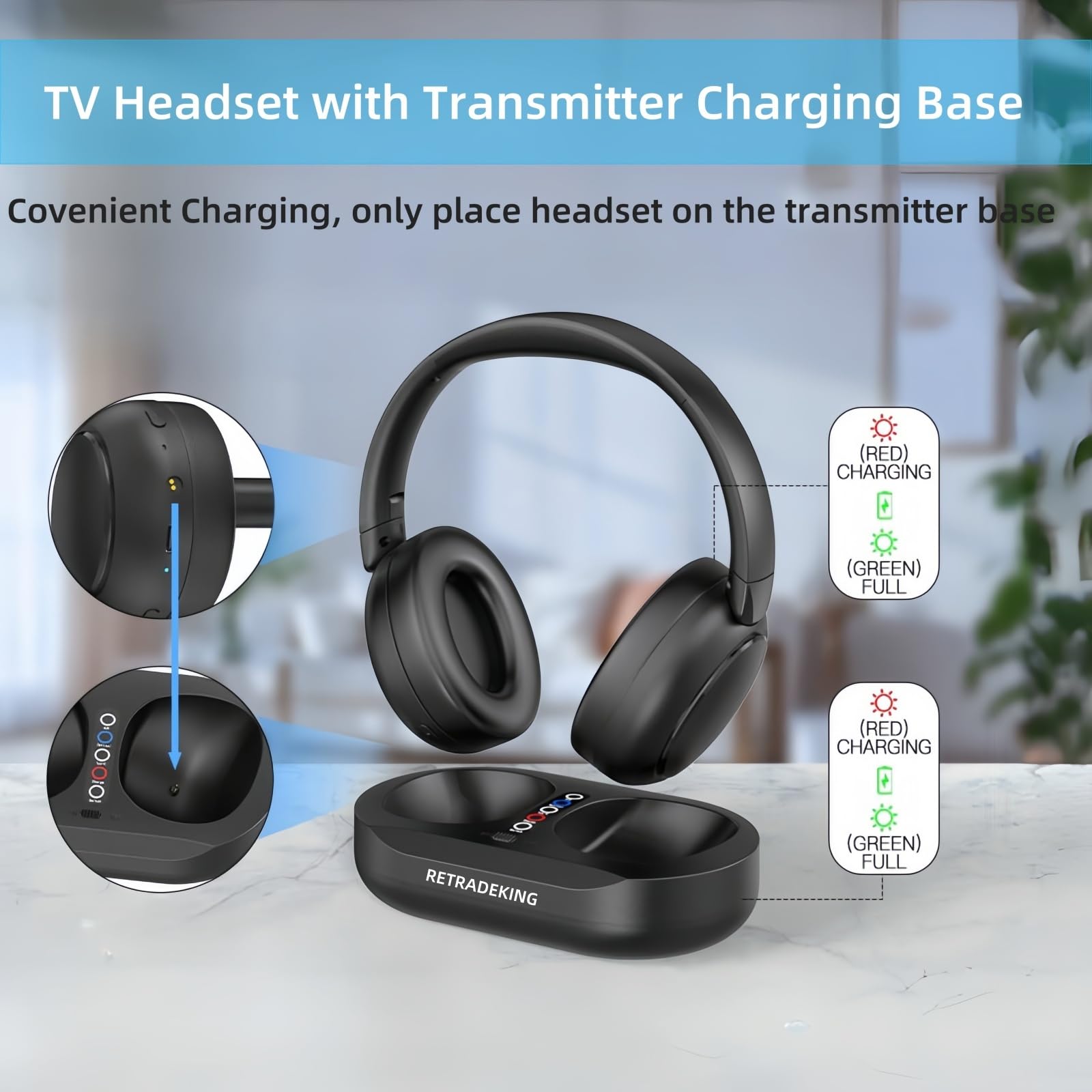 Auriculares Inalámbricos para TV, Auriculares para TV con Base de Carga para Transmisor, Cascos Supraurales para TV para Personas Mayores, Cascos Bluetooth con 50 Horas de Duración, Negro