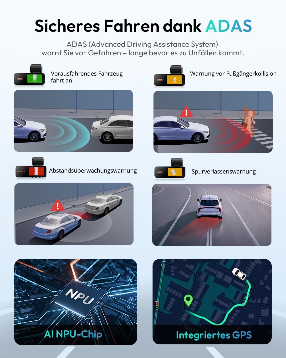 BOTSLAB Dashcam Auto Vorne Hinten 4K GPS WiFi Dual Autokamera 64GB SD Karte ADAS Nachtsicht 170° Weitwinkel WDR 2,45" IPS 24/7 Parküberwachung Loop-Aufnahme