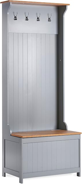 VonHaus Coat Rack Stand with Shoe Bench - Grey Hall Tree & Seat - Country Style Hallway Bench & Coat Stand w/ 4 Metal Hooks - Traditional Coat Stand with Large Chest Trunk for Entryway & Porch