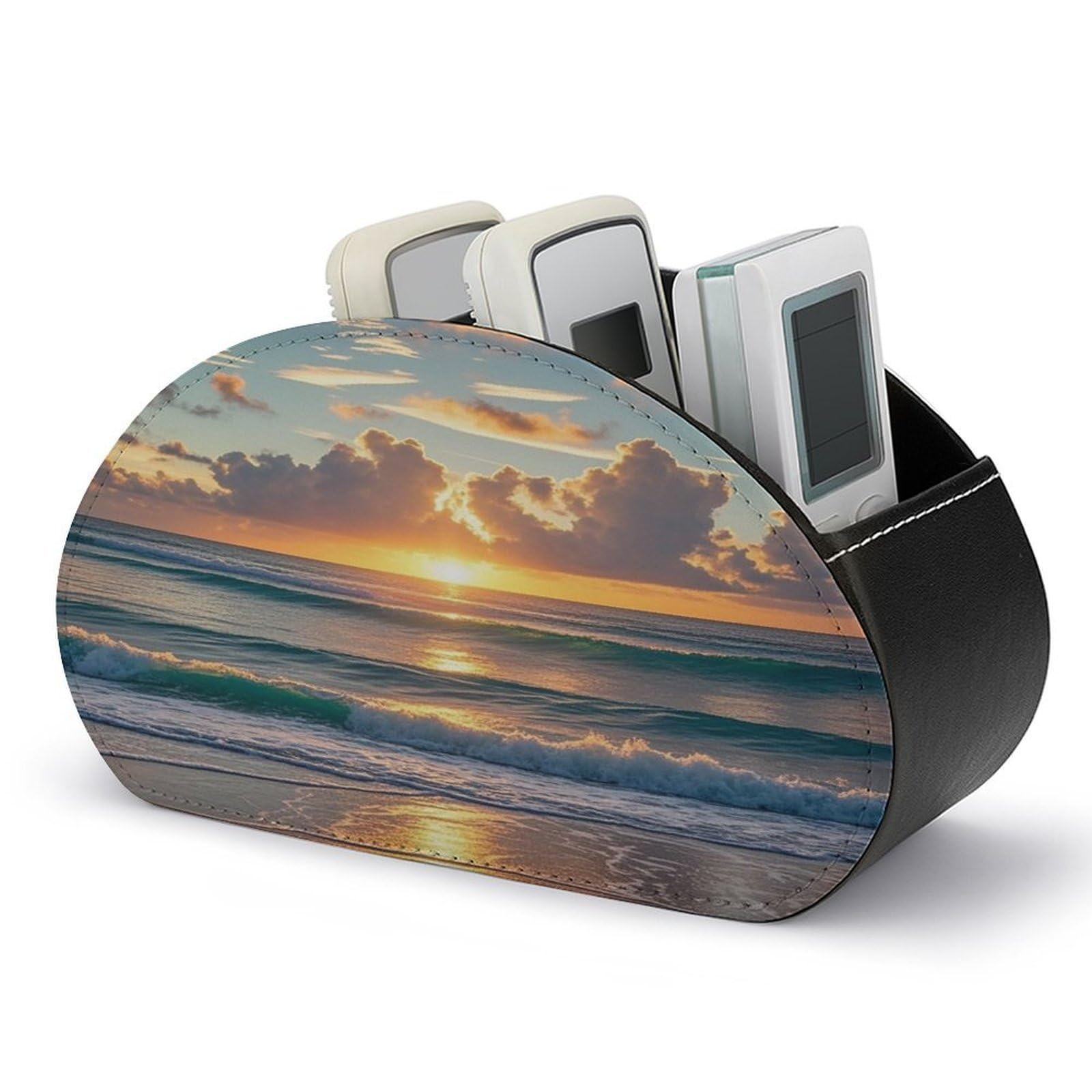 FekiLoot Leather TV Remote Control Holder with 5 Compartments Multifunctional TV Remote Holder Bedside Table Remote Caddy Storage Box Beach Maui Hawaii Sunset Remote Organizer for Home Office