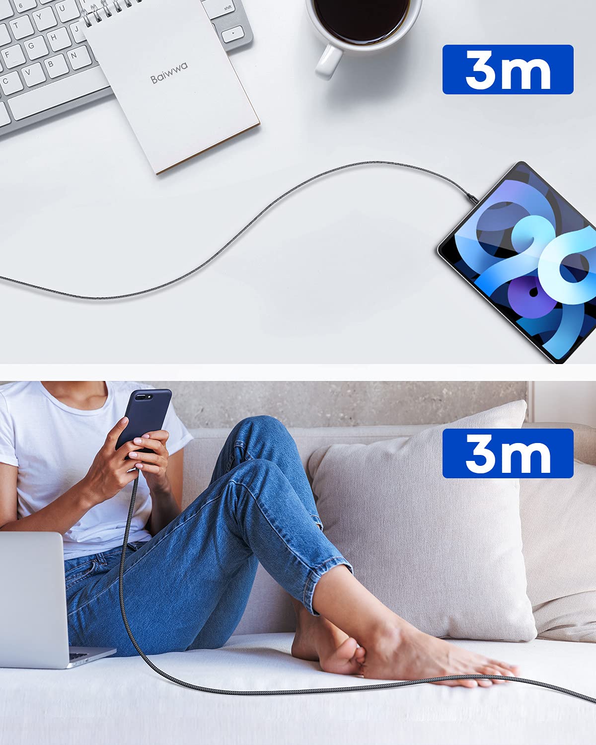 Baiwwa Cavo USB C 3 Metri, 2-Pezzi Lungo Cavo USB A USB C Ricarica Rapida 3A, Nylon USBC Cavi per Samsung Galaxy S24 S23 S22 Plus A15 A55 A14 A54 -Nero