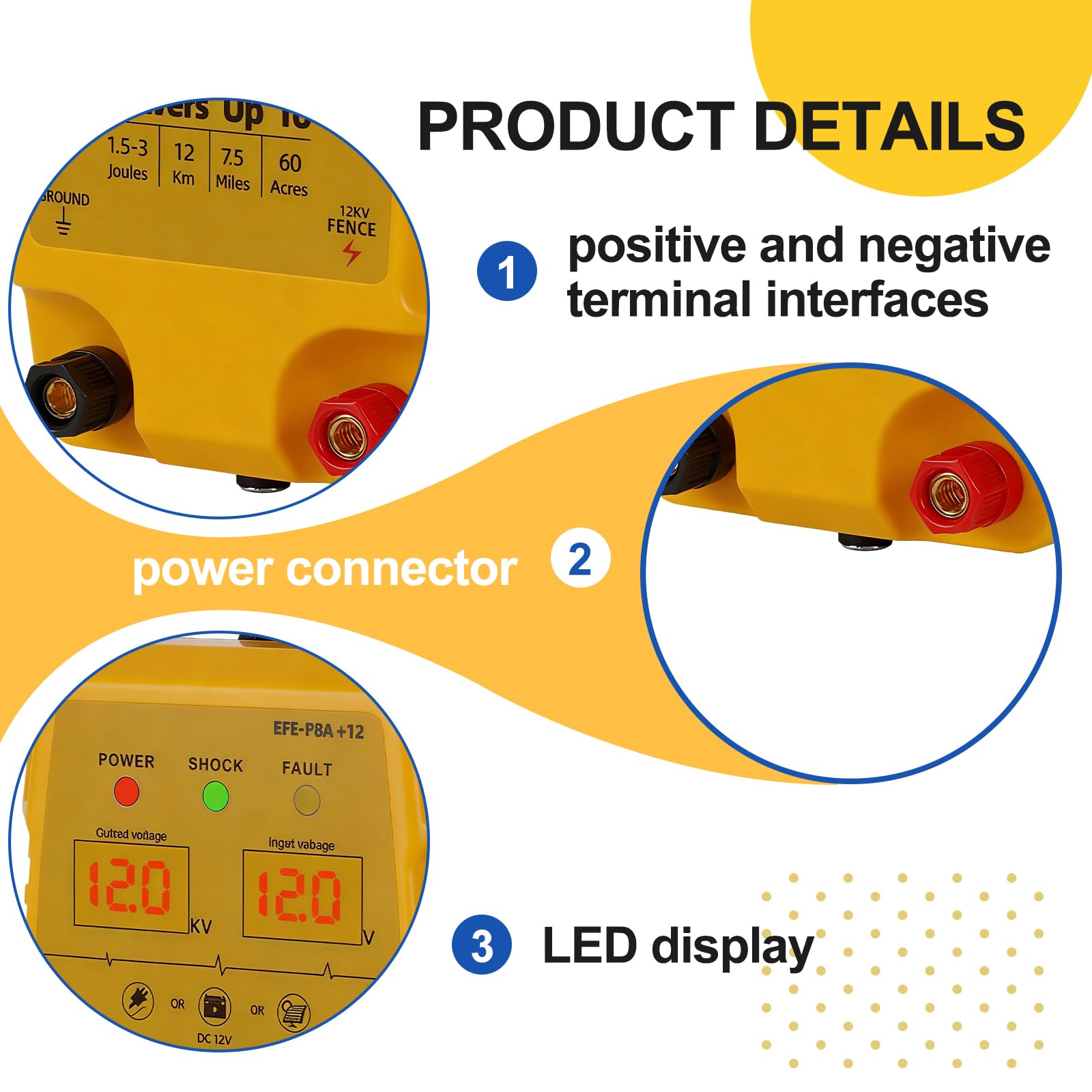 Urządzenie do ogrodzenia pastwiska 12V z wyświetlaczem LED, 1.5 J, zasięg 10 KM, wodoodporne, elektryczne ogrodzenie dla zwierząt gospodarskich, zwierząt domowych, drobiu, ogrodów