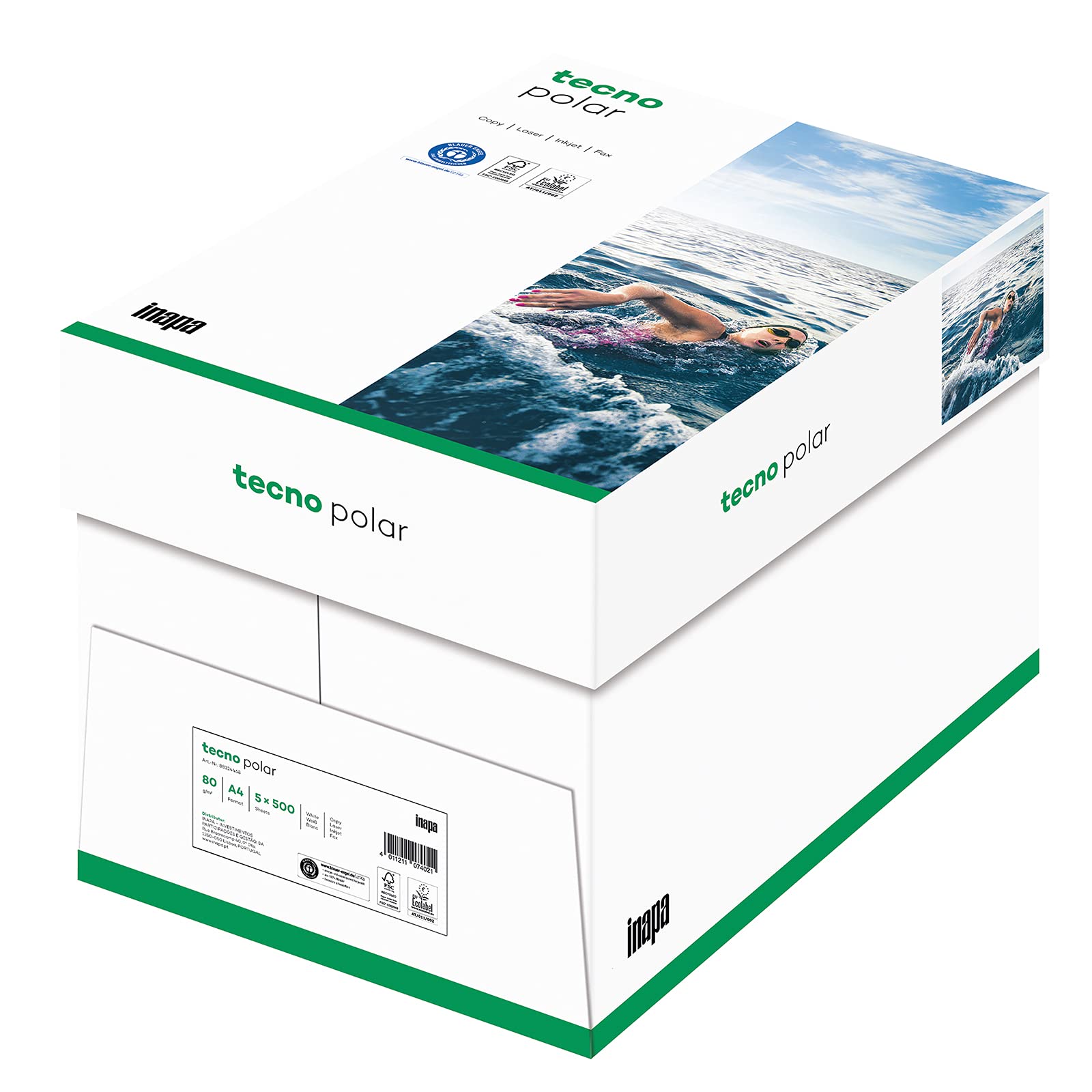 inapa Recycling-Papier, Druckerpapier tecno Polar: 80 g/m², A4, 2.500 Blatt (5x500), weiß