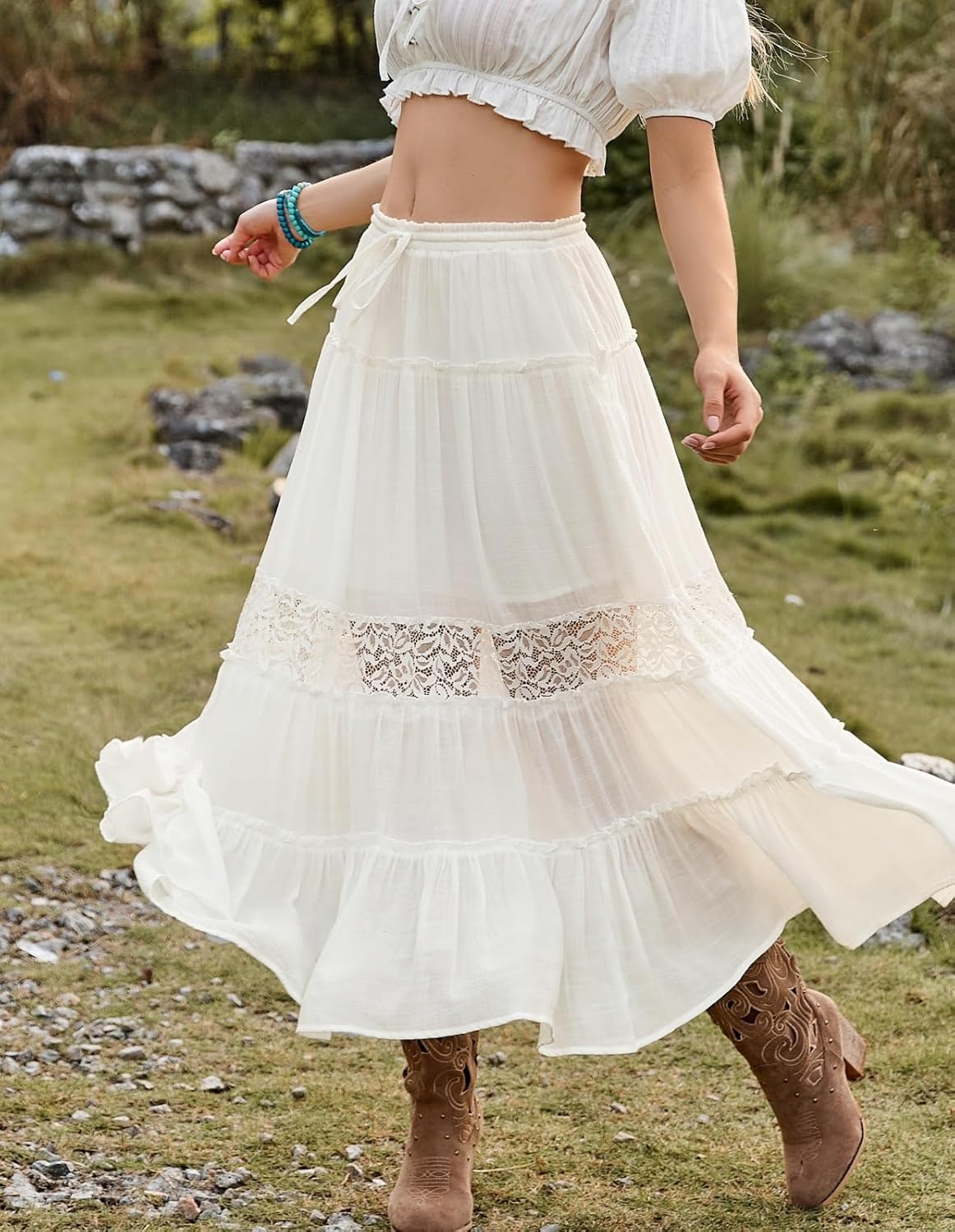 Scarlet Darkness Women's Boho Maxi Skirts Flowy Lace Tiered Long Renaissance Skirt with Pockets
