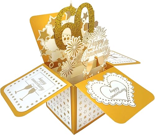 YiKaLus Divertida tarjeta desplegable de 60 aniversario de boda para marido y esposa, regalo perfecto en 3D de 60 años juntos para ella y él,