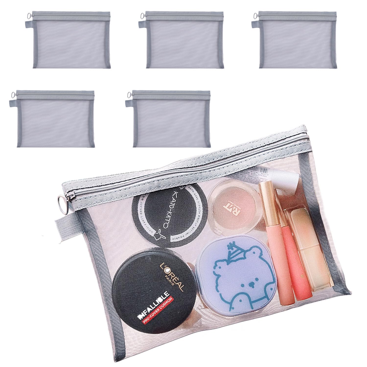 5Pcs Mesh Makeup Bags Travel Zipper Cosmetic Bag Toiletry Bag Pouch Portable Makeup Cosmetic for Purse Travel Daily or Keep Small Items (Grey - Medium)