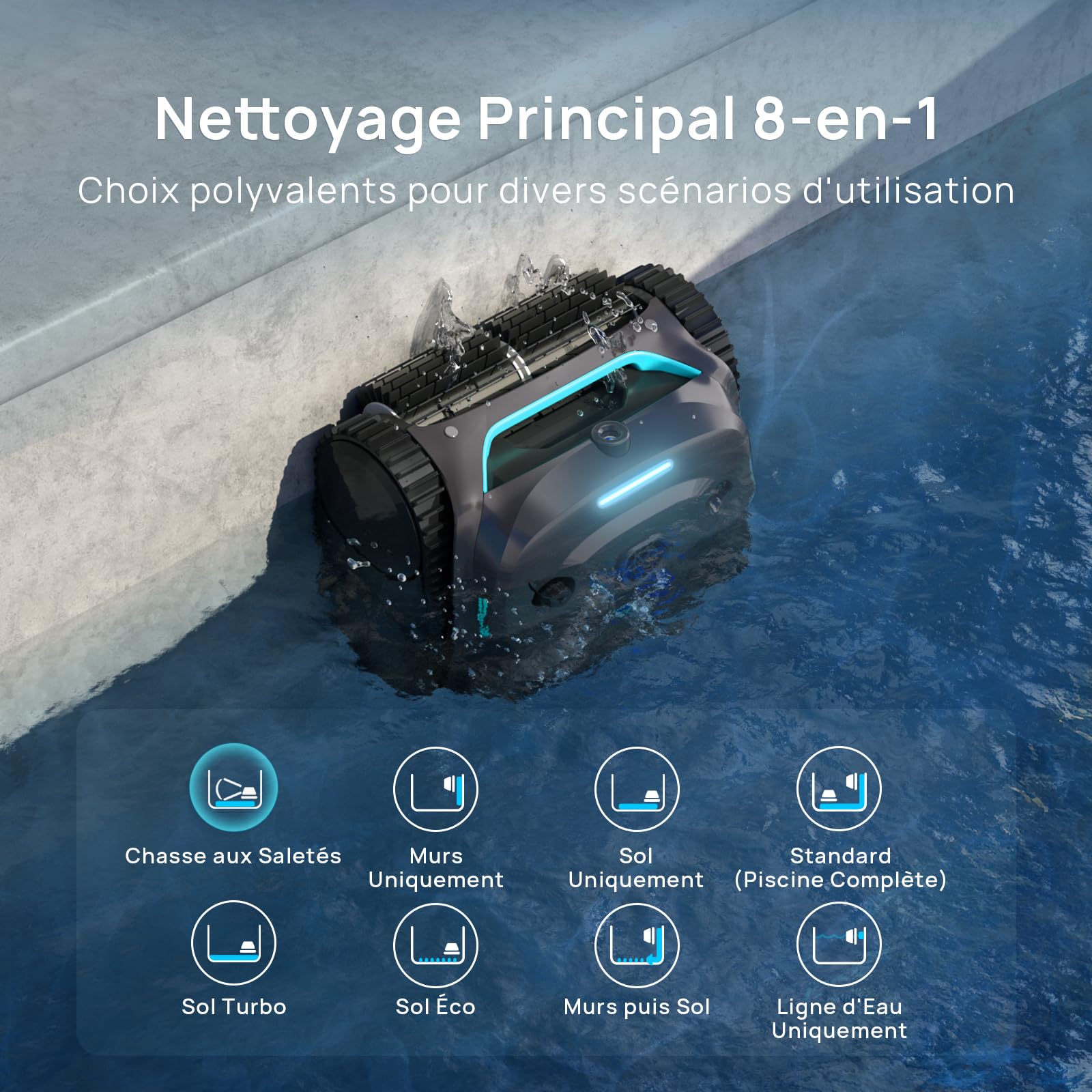 WYBOT (Nouveau Modèle) Robot Piscine sans Fil C2 Vision-A avec caméra IA, Filtration Ultra-Fine, Forte Aspiration, Nettoyage Fond/parois & Ligne d’Eau, Navigation Intelligente – Bleu-Vert Gris