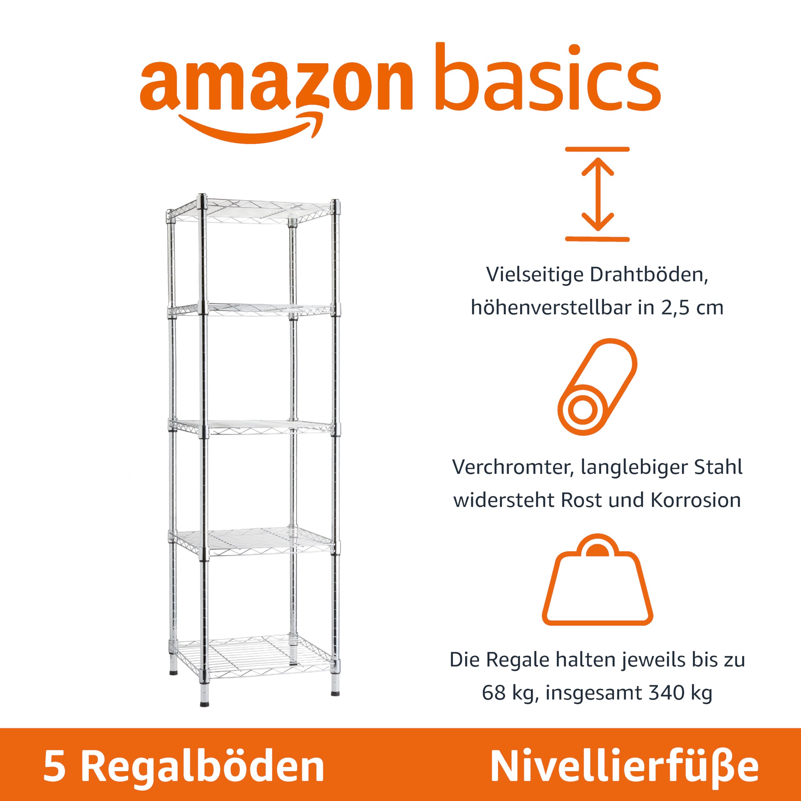 Amazon Basics Verstellbares Turmregal mit 5 Regalböden, Lagereinheit, Chrom, 40.6 x 40.6 x 137.2 cm (T x B x H)