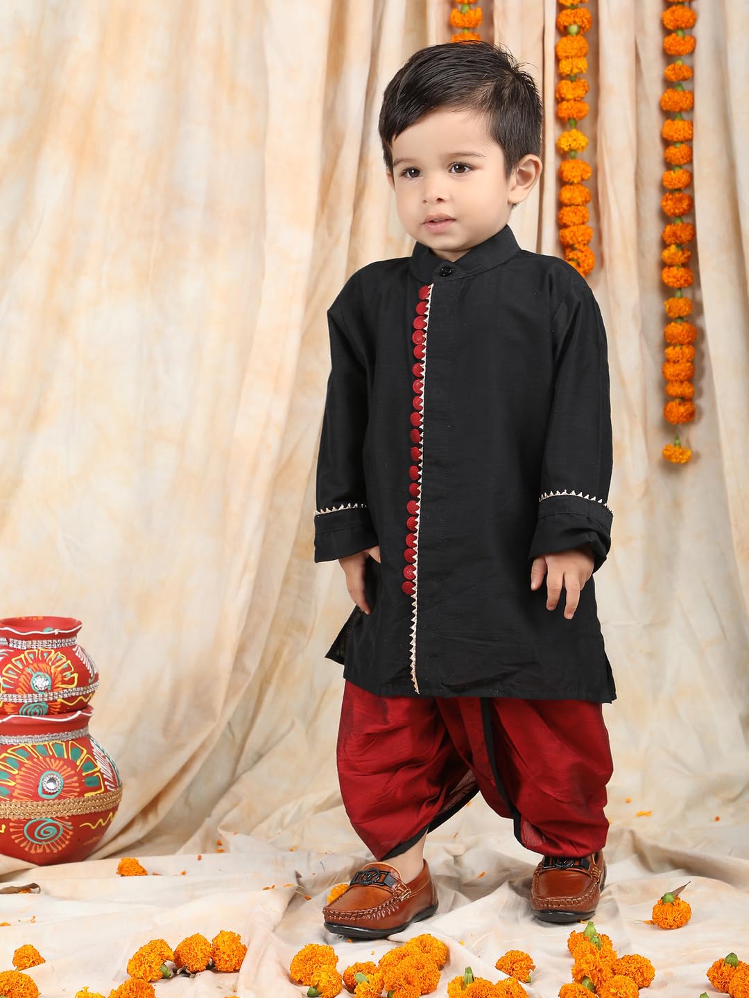 POLKA TOTS Full Sleeve Angrakha Kurta and Dhoti Set - 100% Cotton Traditional Ethnic Wear for Boys Ethnic Print | Baby Boy Kurta Pyjama for Weddings & Festivals (Black & Red, 18-24 M) 3