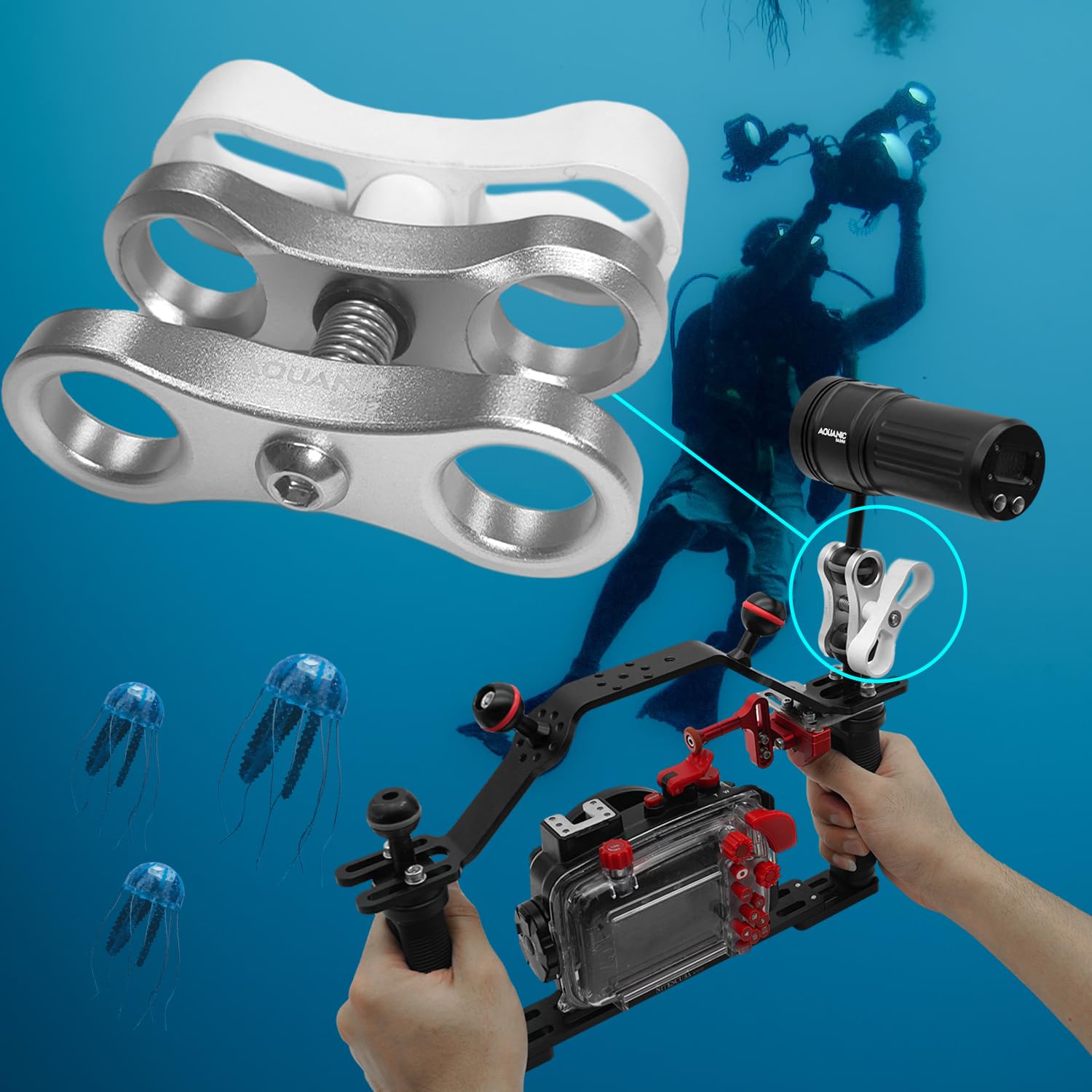nitescuba 2 Soportes de Abrazadera de Bola estándar de 1 Pulgada, Soporte de Abrazadera de Bola Larga de 360° para Sistema de Bandeja de Brazo de luz de Buceo subacuático (SC02-W)