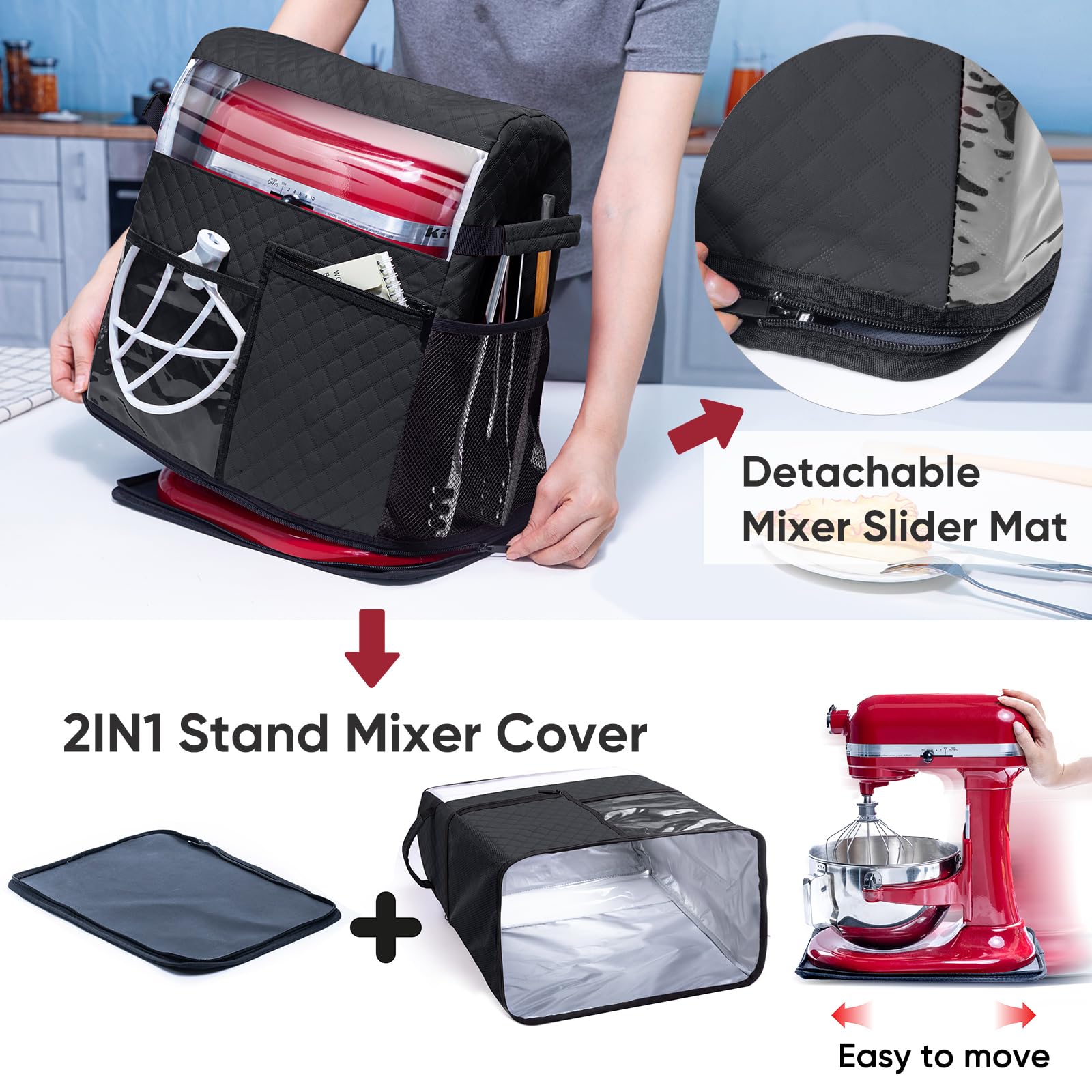 BAGSPRITE Stand Mixer Cover with Detachable Appliance Sliders Base Compatible with KitchenAid Mixer-Storage Bag for 6/7/8 Quart with Pockets for Kitchen Aid Accessories and Attachments