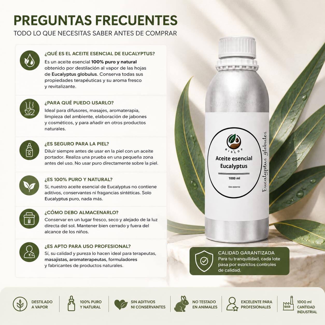 Aceite Esencial de Eucalipto 100% Puro 1 Litro (1000 ml), Destilado al Vapor, para Aromaterapia, Difusores, Spa, Baños, Jabones y Elaboración de Productos Cosméticos - BISLOP