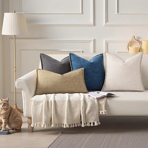Miniatura 6 de decorUhome Juego de 2 fundas de almohada decorativas para exteriores de 20 x 20 pulgadas, cuadradas, de lino, rústicas, neutrales, con borde cosido