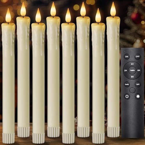 8 velas cónicas sin llama de cera real con 2 controles remotos y temporizador, velas sin llama, velas LED parpadeantes con mecha 3D, para decoración