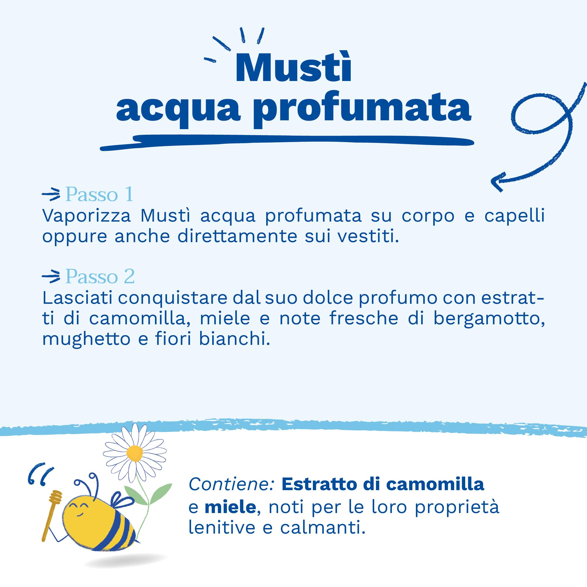 Mustela Acqua Profumata Mustì Senza Alcool con Camomilla e Miele, Corpo e Capelli, Neonati e Adulti - Note Fresche di Bergamotto, Mughetto, Fiori Bianchi, 97% Ingredienti di Origine Naturale (50ml)