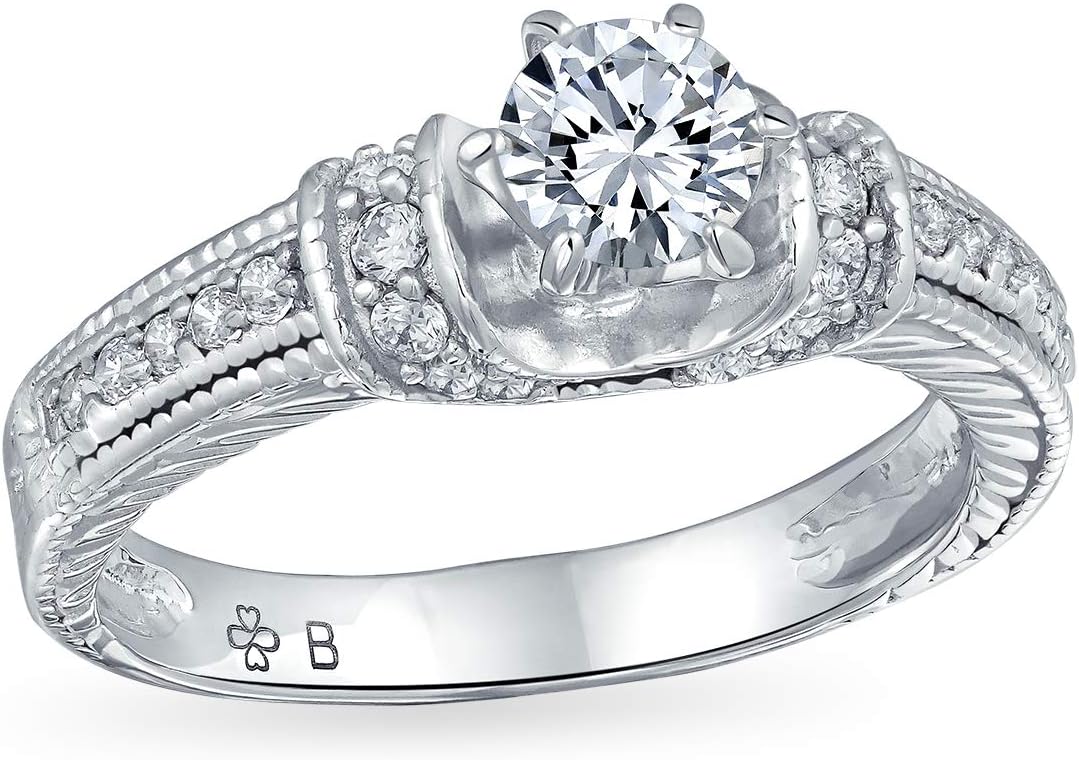 Personalize Vintage Art Deco Style 1CT Brilliant Round Solitaire U Set 6 Prong AAA CZ Engagement Ring For Women With Intricate Heirloom Filigree Details on Sides Of Pave Band .925 Sterling Silver