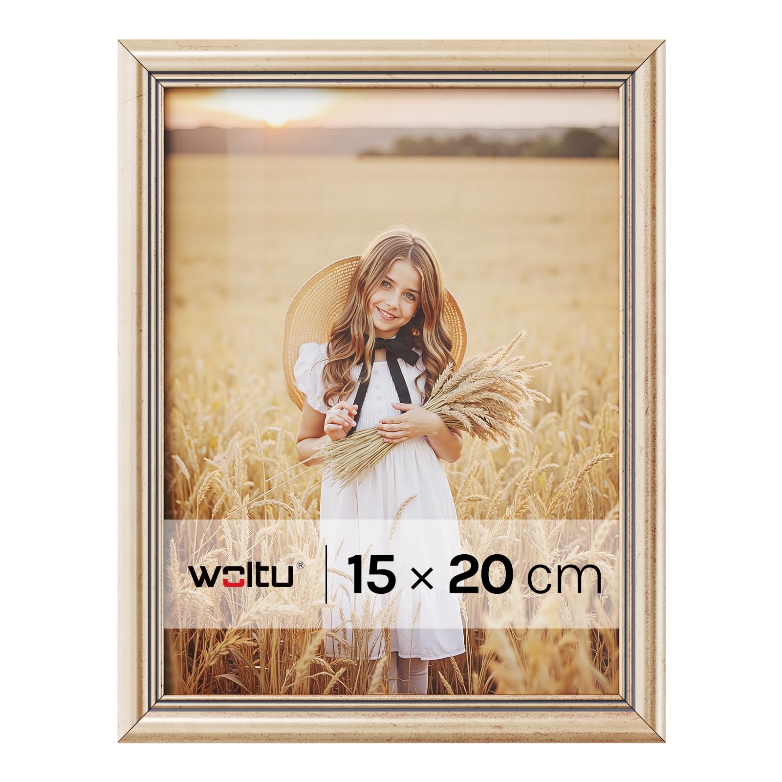 WOLTU Bilderrahmen 15x20 cm Gold, Fotorahmen aus Massivholz und PS-Platte, Holzrahmen mit Passepartout, zum vertikalen oder horizontalen Aufhängen/Aufstellen, Posterrahmen Collage Wanddeko