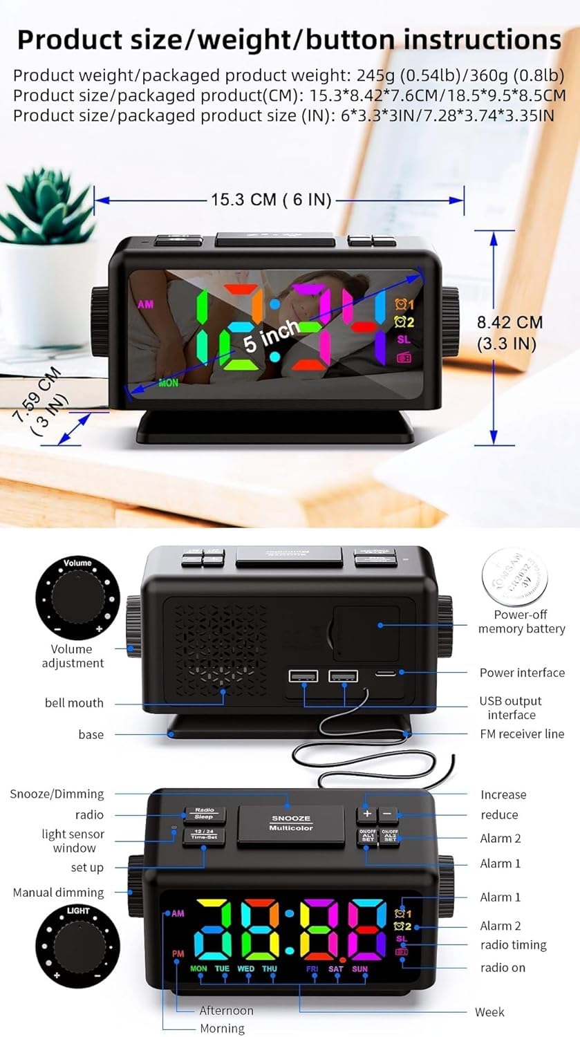 RGB Sveglia colorata Calendario perpetuo Radio FM Orologio elettronico Funzione snooze Allarmi multipli Regolazione automatica della luminosità Uscita di alimentazione USB (Black1)