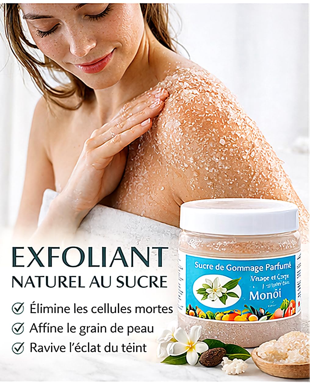 Sucre de Gommage Visage et Corps 600g deliktess®– Exfoliant au Sucre Naturel & Beurre de Karité Bio – Body Scrub Hydratant Spa – 18 Parfums au choix (Monoï)