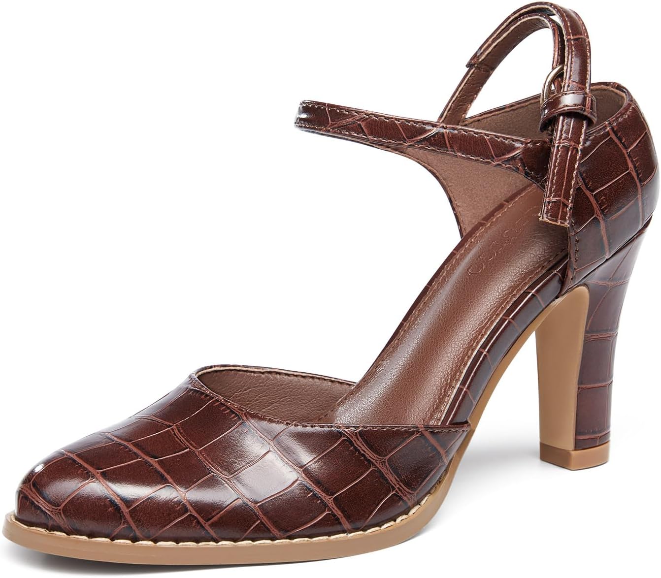 Coutgo Womens Chunky High Heels Closed Pointed Toe Ankle Strap Pumps Vintage D'Orsay Dress Party Shoes