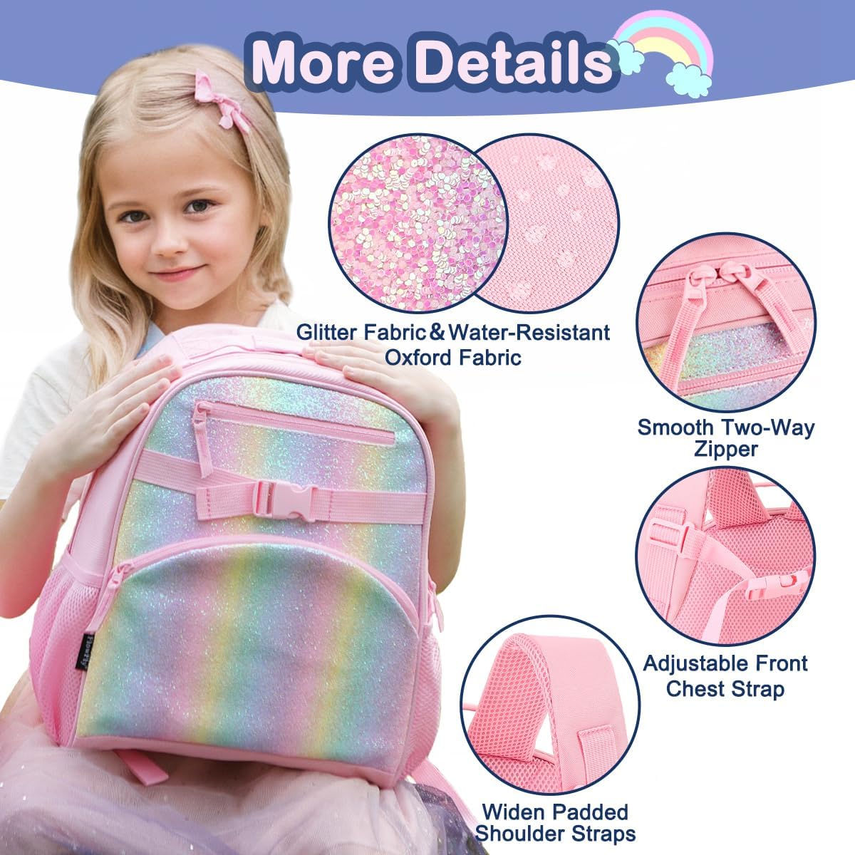FlowFly Kids Backpack for Toddler Boys Girls, Simple Lightweight Bookbag for Daycare Kindergarten Elementary School Travel, Small Modern Bag (Medium 15'', Glitter-Rainbow) - Image 4
