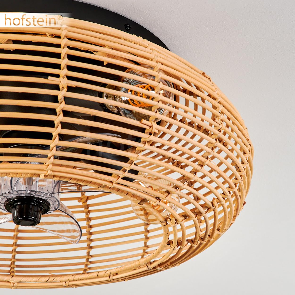 HOFSTEIN Ventilatore a soffitto Mulstrand, ventilatore in metallo/bamboo in nero/naturale con telecomando, funzione di flusso d'aria ascendente e discendente e effetto luce sul soffitto, plafoniera a