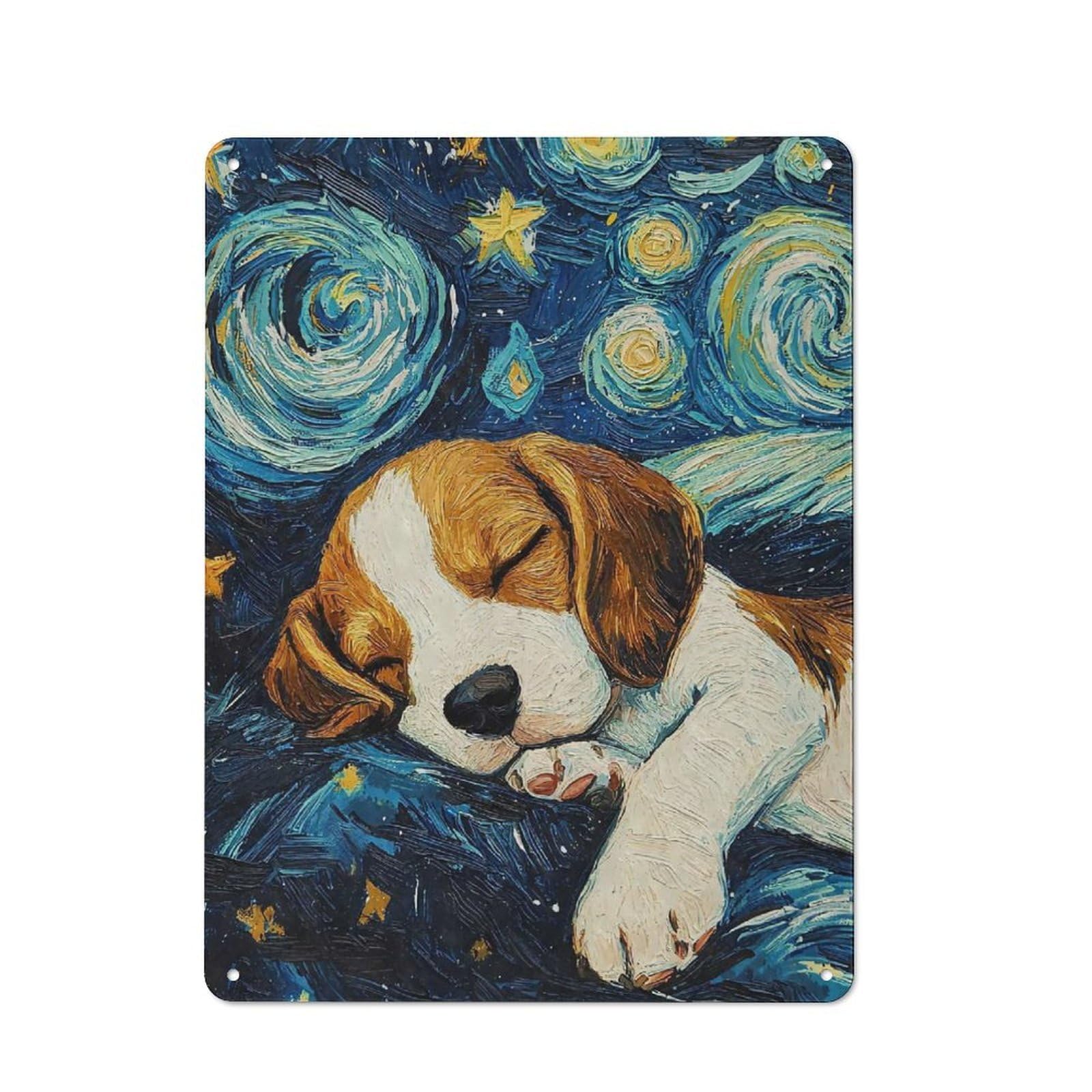 Junmoney Style-18 Tin Sign 40X30cm With Beagle Puppy Starry Night For Workshop Wall, Retro Decor, For Metal Sign Collectors, For Cafés, Pubs And Restaurants