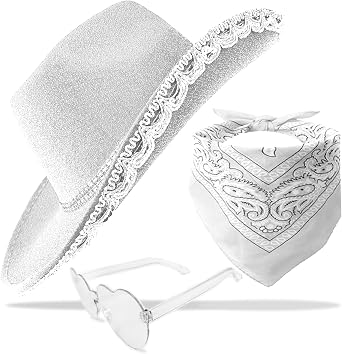 JICASTO Cowboy Hat Glitter Cowgirl Hat with Sequins & Tiara Crown for Women Rodeo Party Hats with Heart Glasses