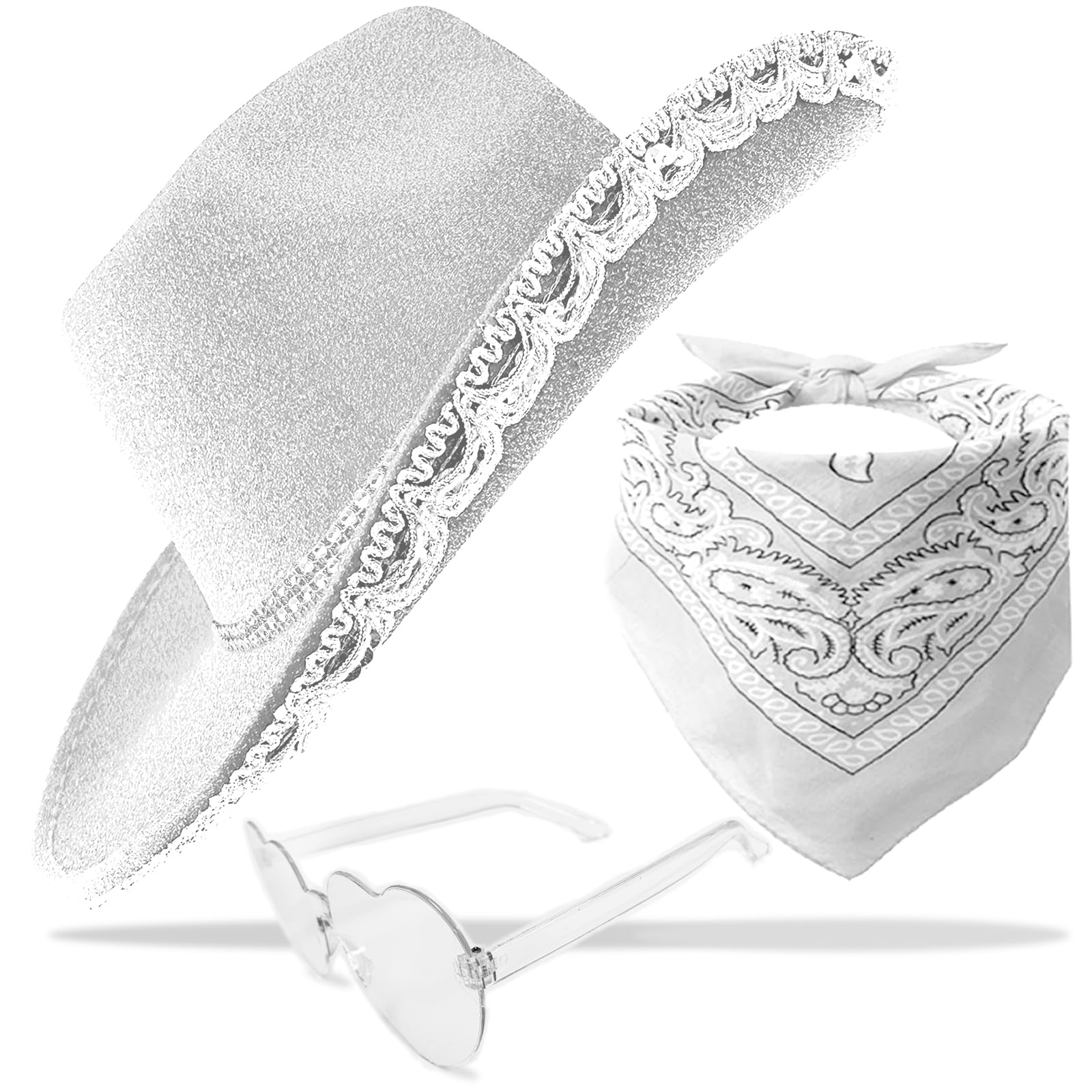 JICASTO Cowboy white Cowgirl Hat with Sequins & Tiara Crown for Women Rodeo Party Hats with Heart Glasses (Felt, White)