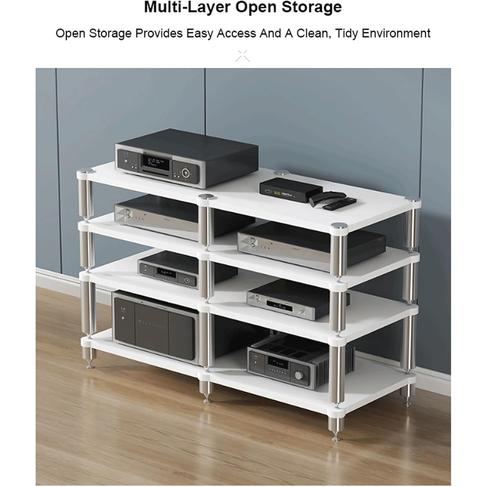 Stojaki stereo, nowoczesna wieża audio, stojak na media AV, drewniane półki piętrowe, 2-, 3- i 4-poziomowa półka audio, stojak na odtwarzacz multimedialny AV(Weiß,4 Tier)