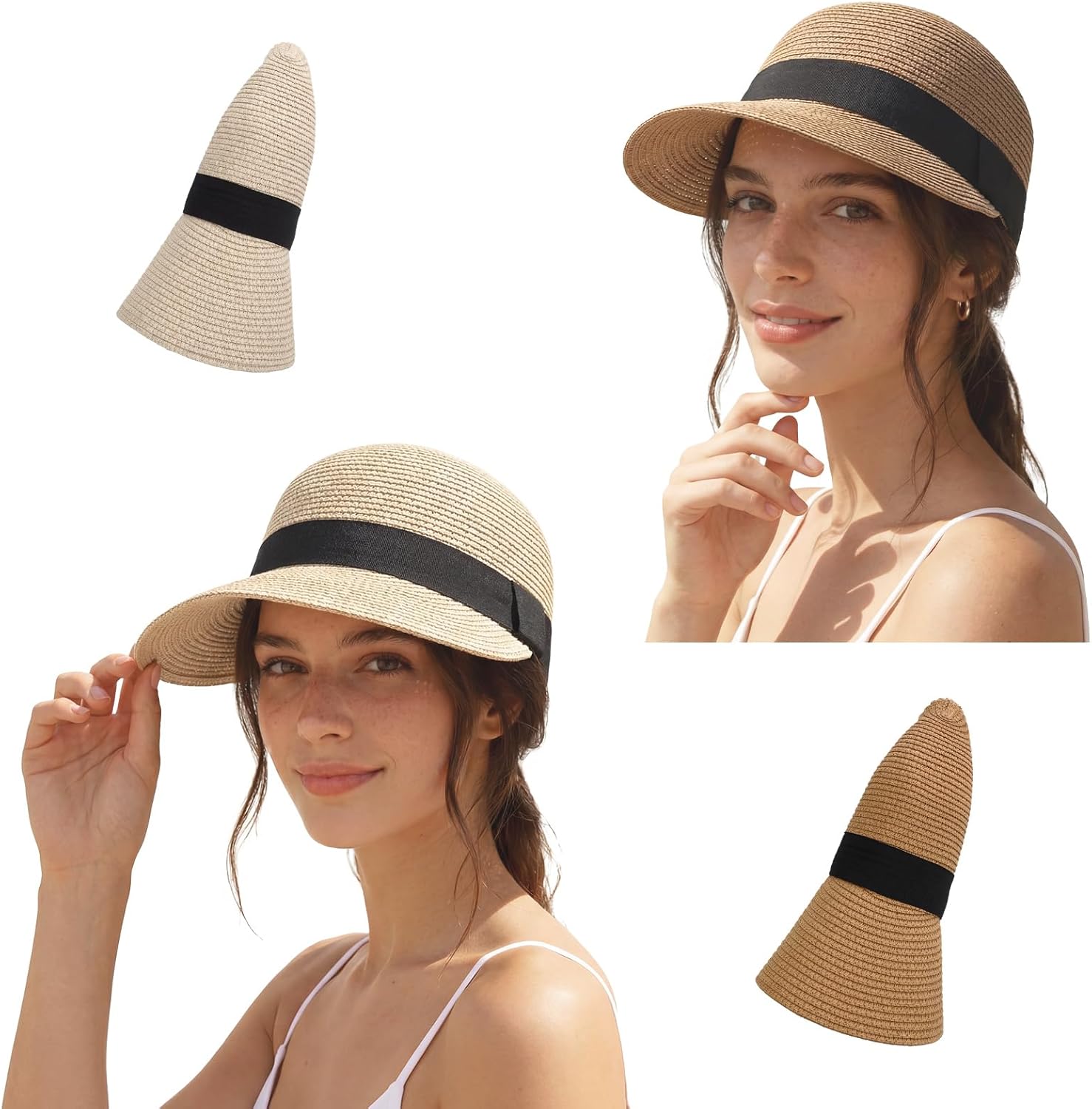 2 Pack Summer Visor Hats for Women Straw Baseball Cap Wide-Brimmed UV Protection Foldable Floppy Solid Color Travel Beach Sun Hats, Apricot Khaki