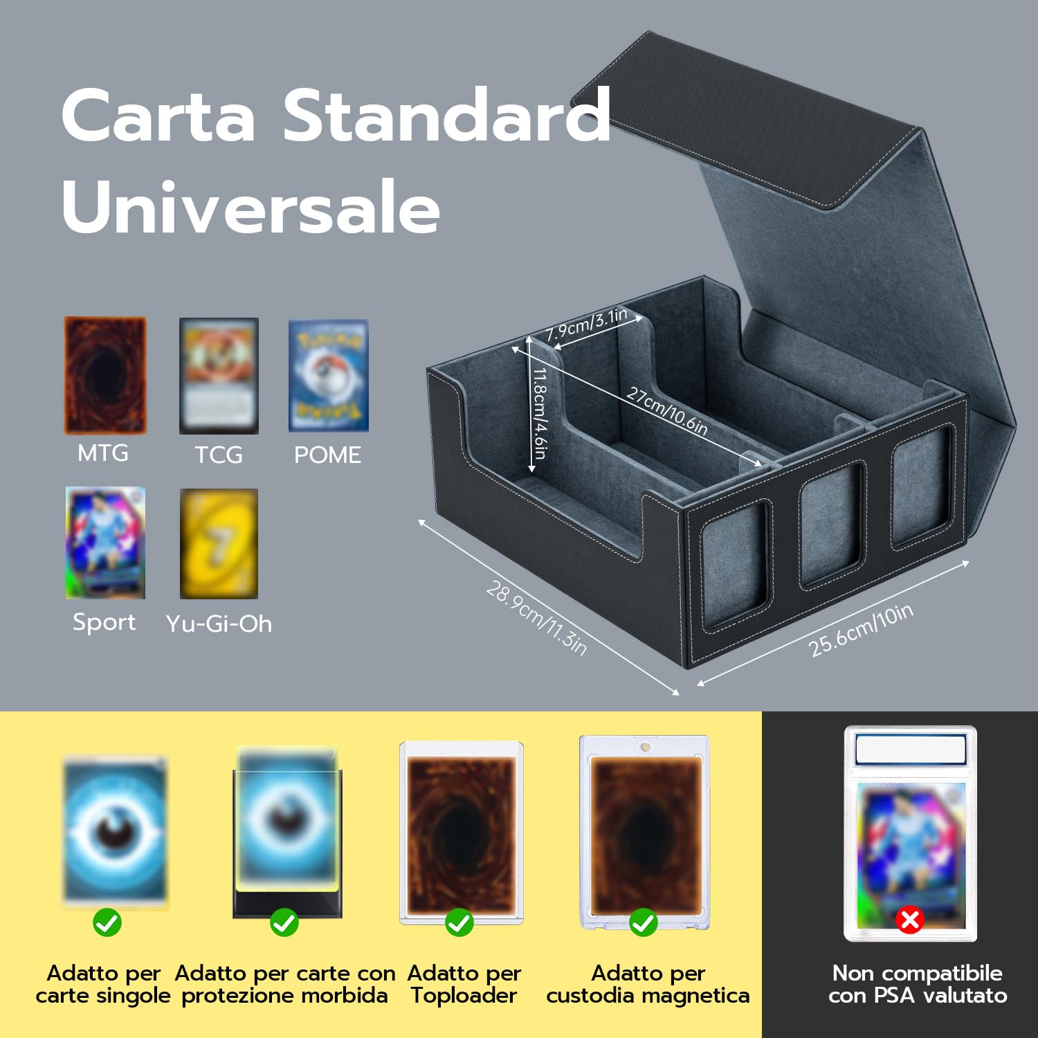 Commander Deck Box per MTG con 3 carte Magnetiche 35PT, Scatola per 1800+ Carte con 10 Divisori e 6 Clip, Adatta per Scatola Porta Carte Collezionabili Toploader da 3"x4" per Magic TCG–Nero
