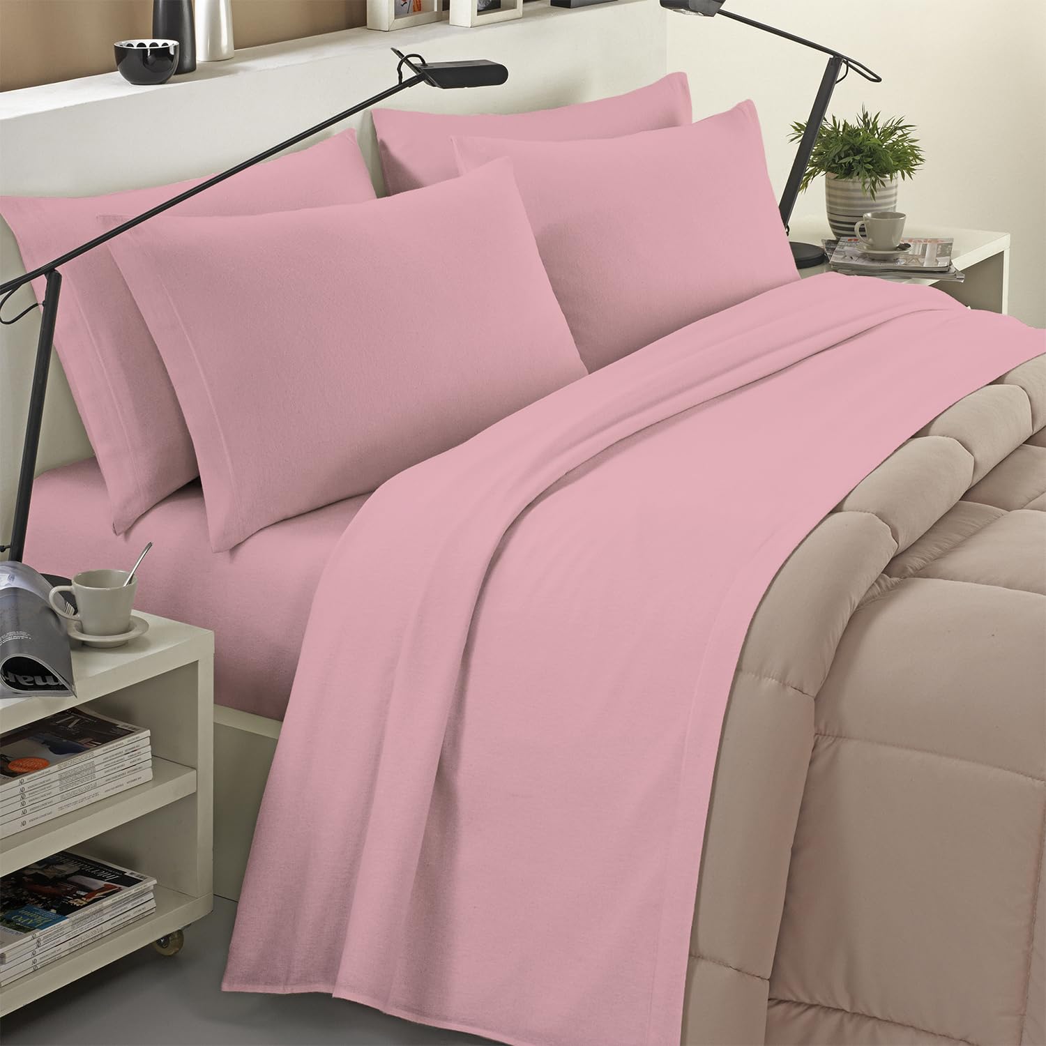 Banzaii Completo Lenzuola Invernale Felpate in Flanella Anti-Pilling 100% Cotone, adatto anche ai materassi più alti, 4 pezzi, Matrimoniale Rosa