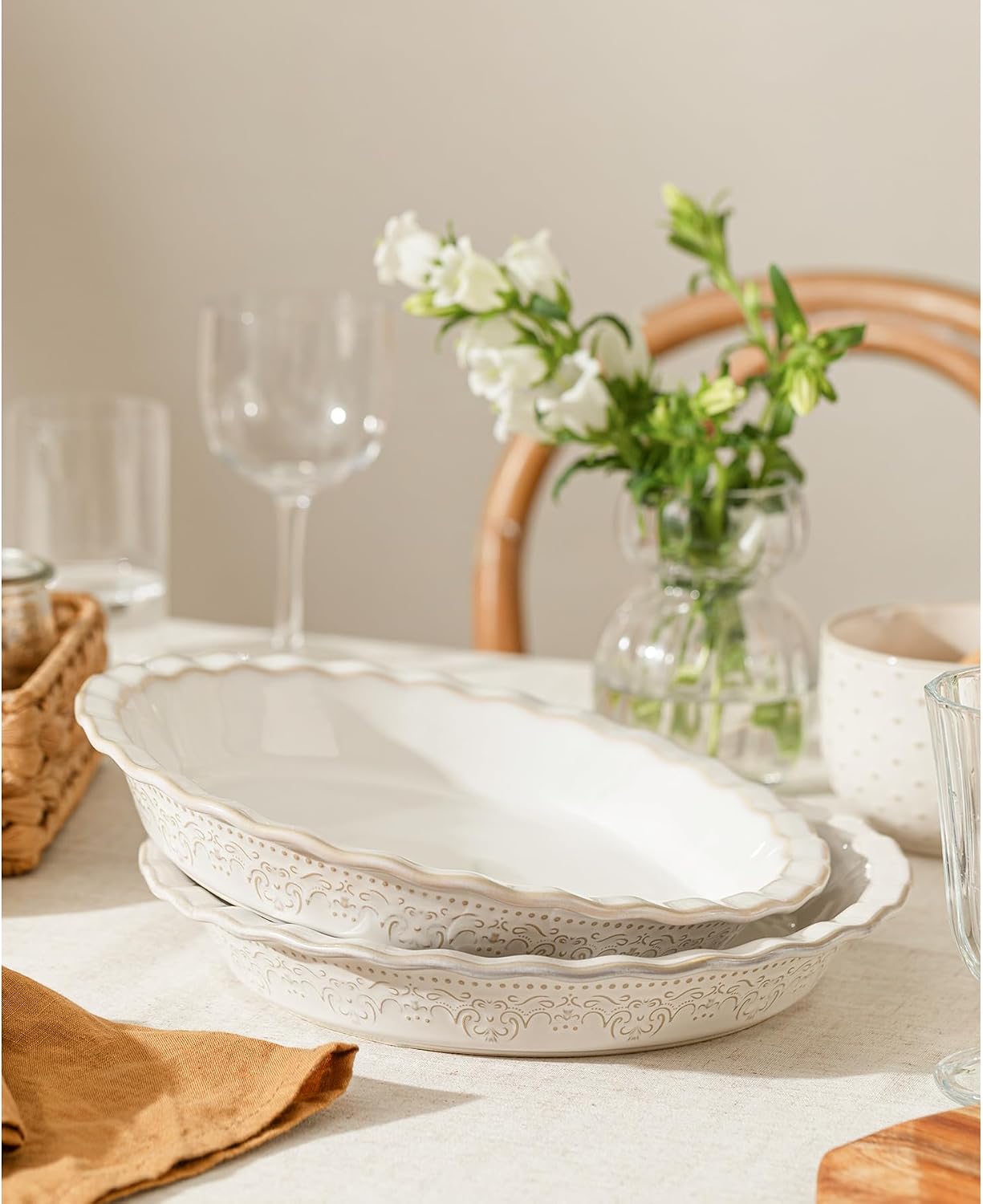 Ceramic Pie Pans Set of 2, 9 Inches Pie Plate for Baking, Oven & Dishwasher Safe, Nonstick Pie Pan for Apple Pie, Farmhouse Quiche Baking Dish, Off-White