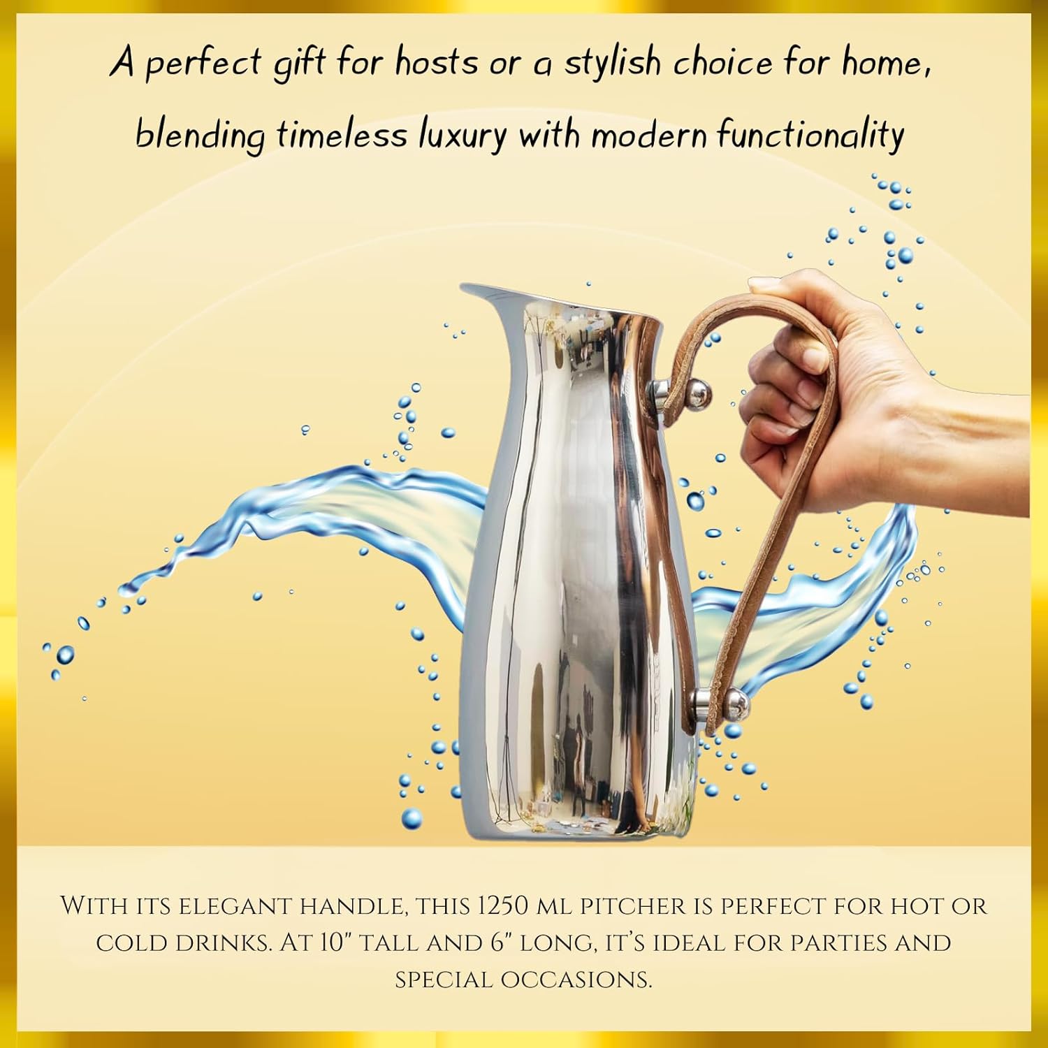 Stainless Steel Silver Water Pitcher Carafe with Leather Handle 10"H by Gute - Elegant Mirror Finish Bell Shaped Jug, For Hot/Cold Water, Iced Tea, Coffee, Sangria, Lemonade, and Flowers 42oz Capacity - Image 5
