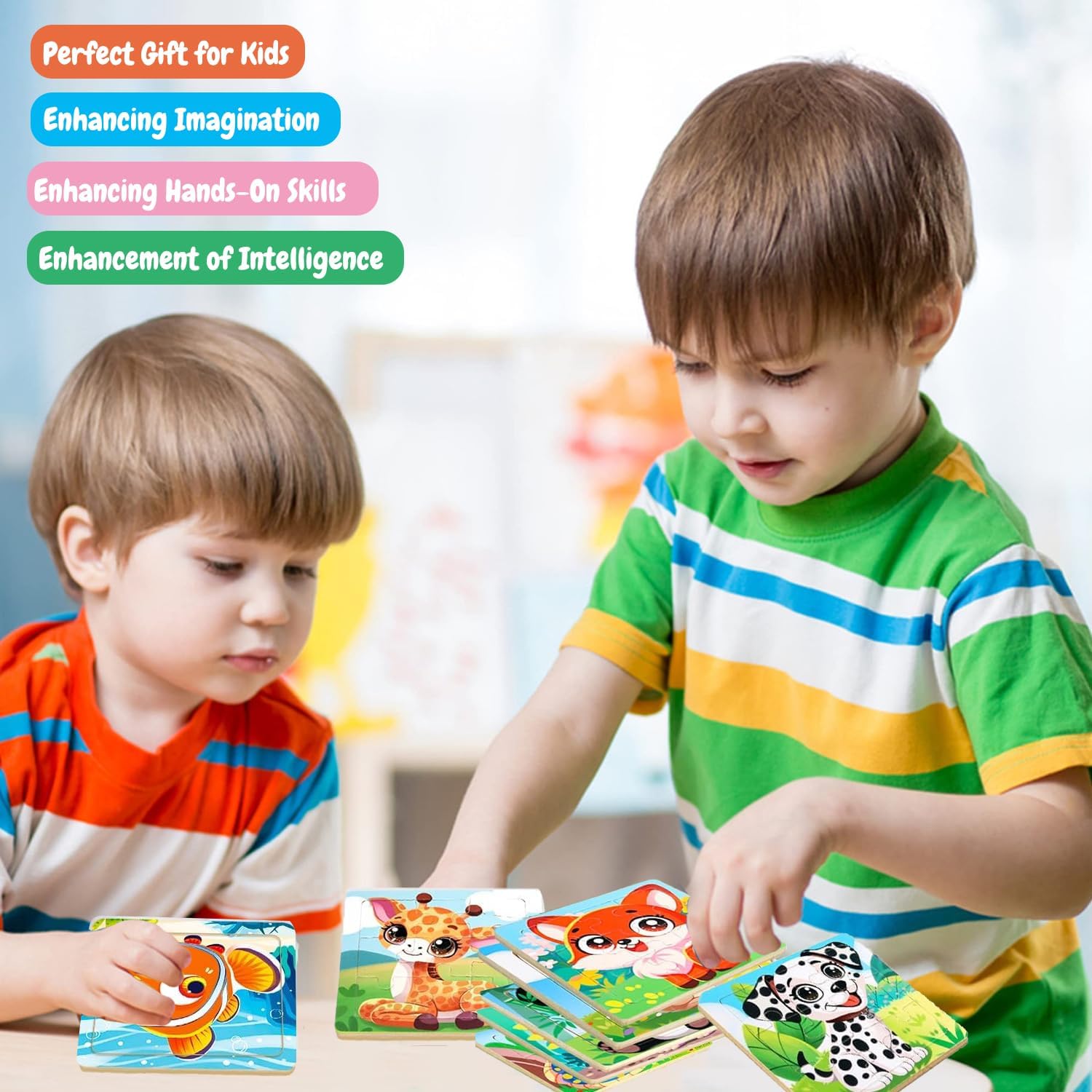 8 Pack Jigsaw Puzzles for Toddlers 1-2 3-6, 9 Piece Animal Wooden Puzzles for Toddlers, Children Learning Educational Puzzles Toys for Boys Girls