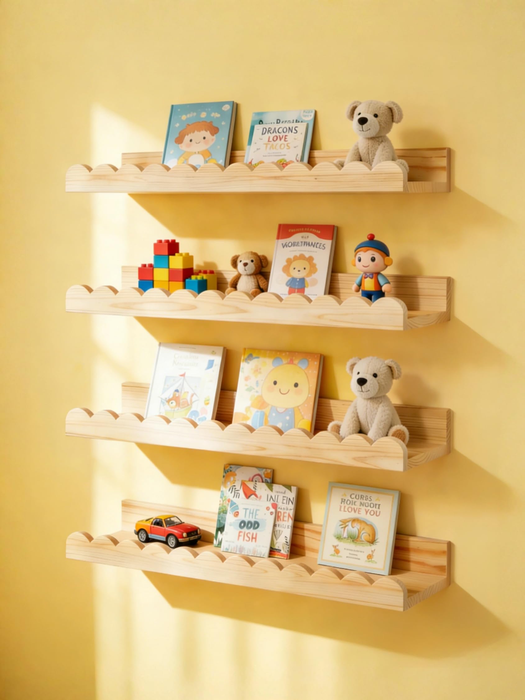 Estantes festoneados para guardería, estantes de pared para libros de pared para dormitorio, niños, estantería de guardería para pared, juego de 4, estantes flotantes para libros de