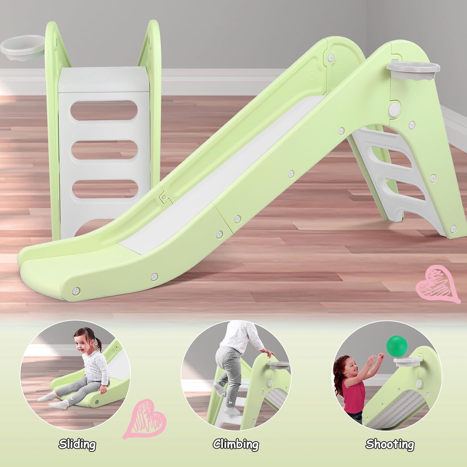 MAMIZO 3 in 1 Toddler Slide, Extra Long Baby Slide Climber Playset with Basketball Hoop & Ball, Non-Slip Steps, Freestanding Indoor Outdoor Playground (Light Green)