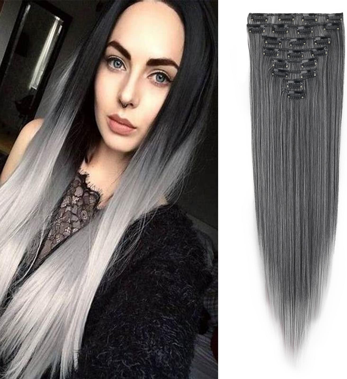 Gairyan 24inch Straight Clip in Hair Extensions Long Hair Extension Ombre Full Head 8PCS Synthetic Hairpiece Natural Look for Women (Black to Grey)