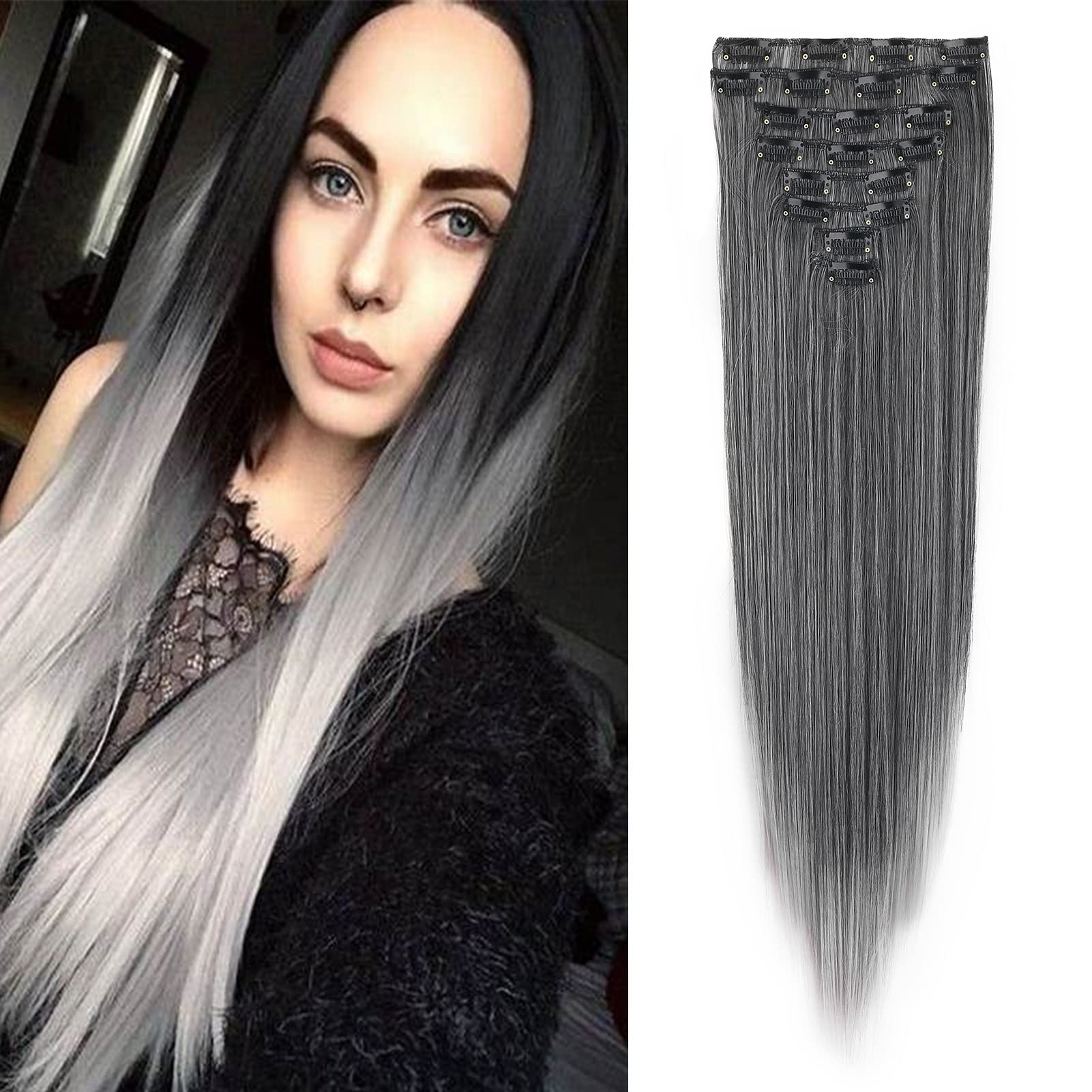 Gairyan 24inch Straight Clip in Hair Extensions Long Hair Extension Ombre Full Head 8PCS Synthetic Hairpiece Natural Look for Women (Black to Grey)