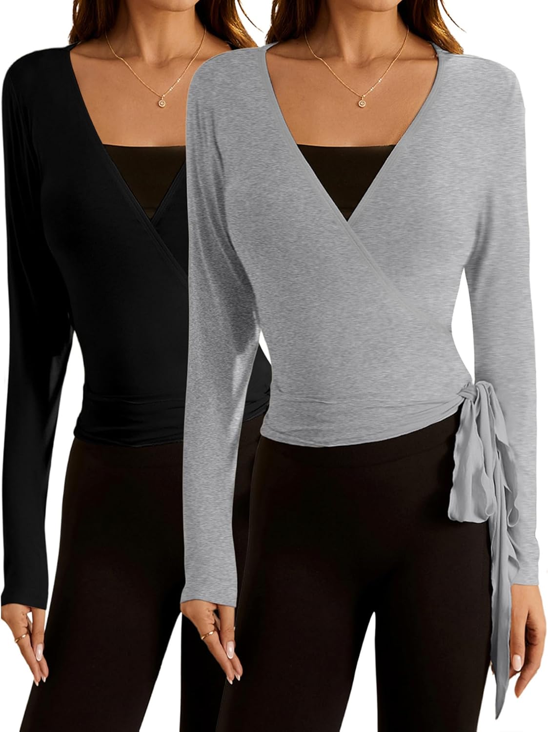 SweatyRocks Women's Y2k Pilates Wrap Tops Ballet Yoga Coquette Shirt Cute Long Sleeve Workout Activewear