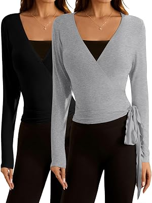 SweatyRocks Womens Pilates Outfits Wrap Tops Ballet Yoga Coquette Shirt Cute Long Sleeve Workout Activewear