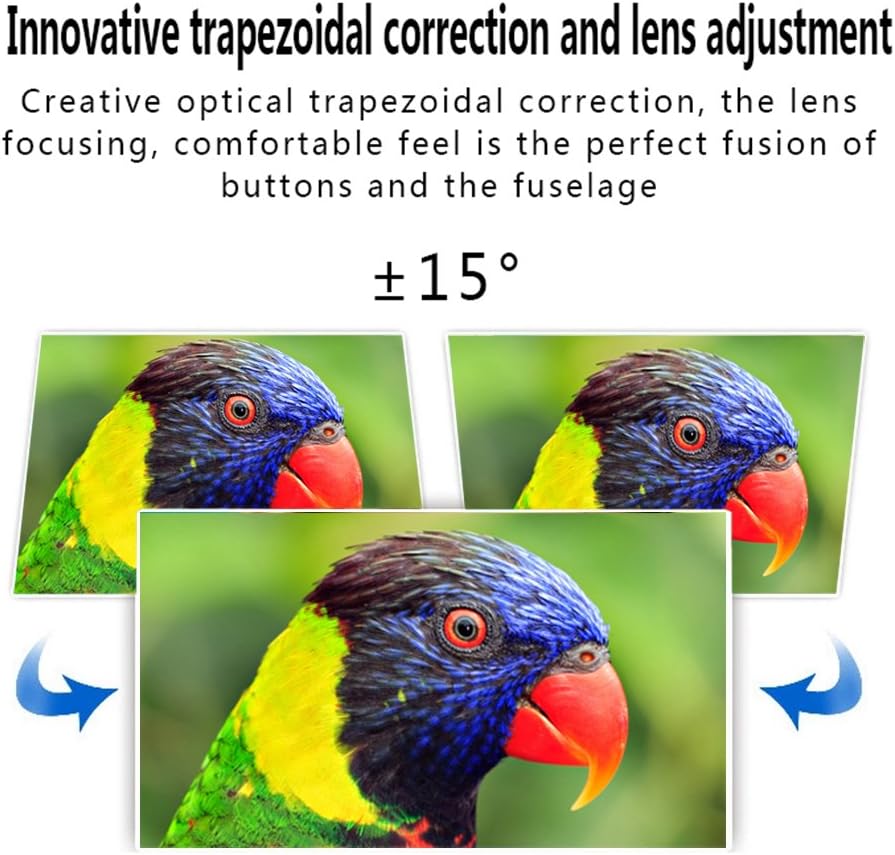 Diagram illustrating keystone correction and lens adjustment on the Excelvan EHD11 projector